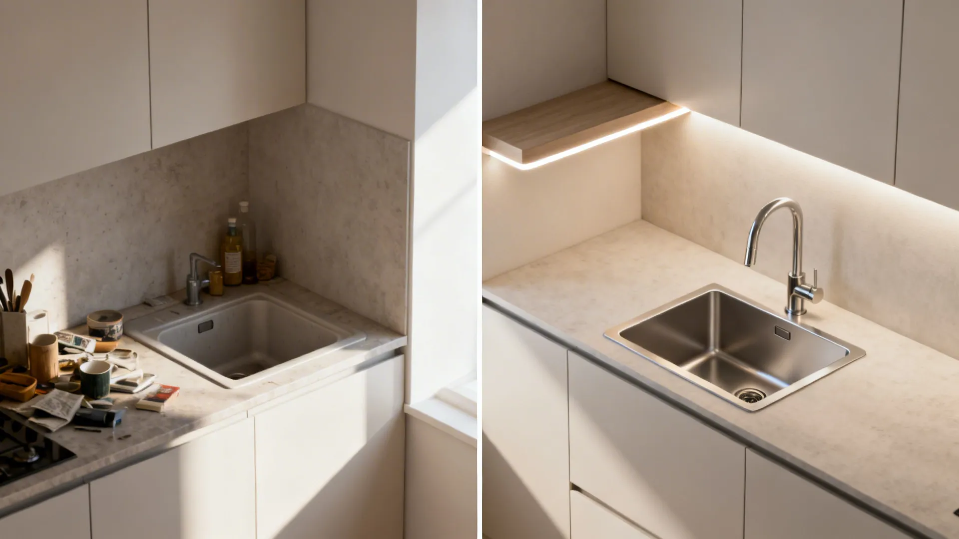 Before and after comparison of a messy old kitchen sink and a new clean workspace
