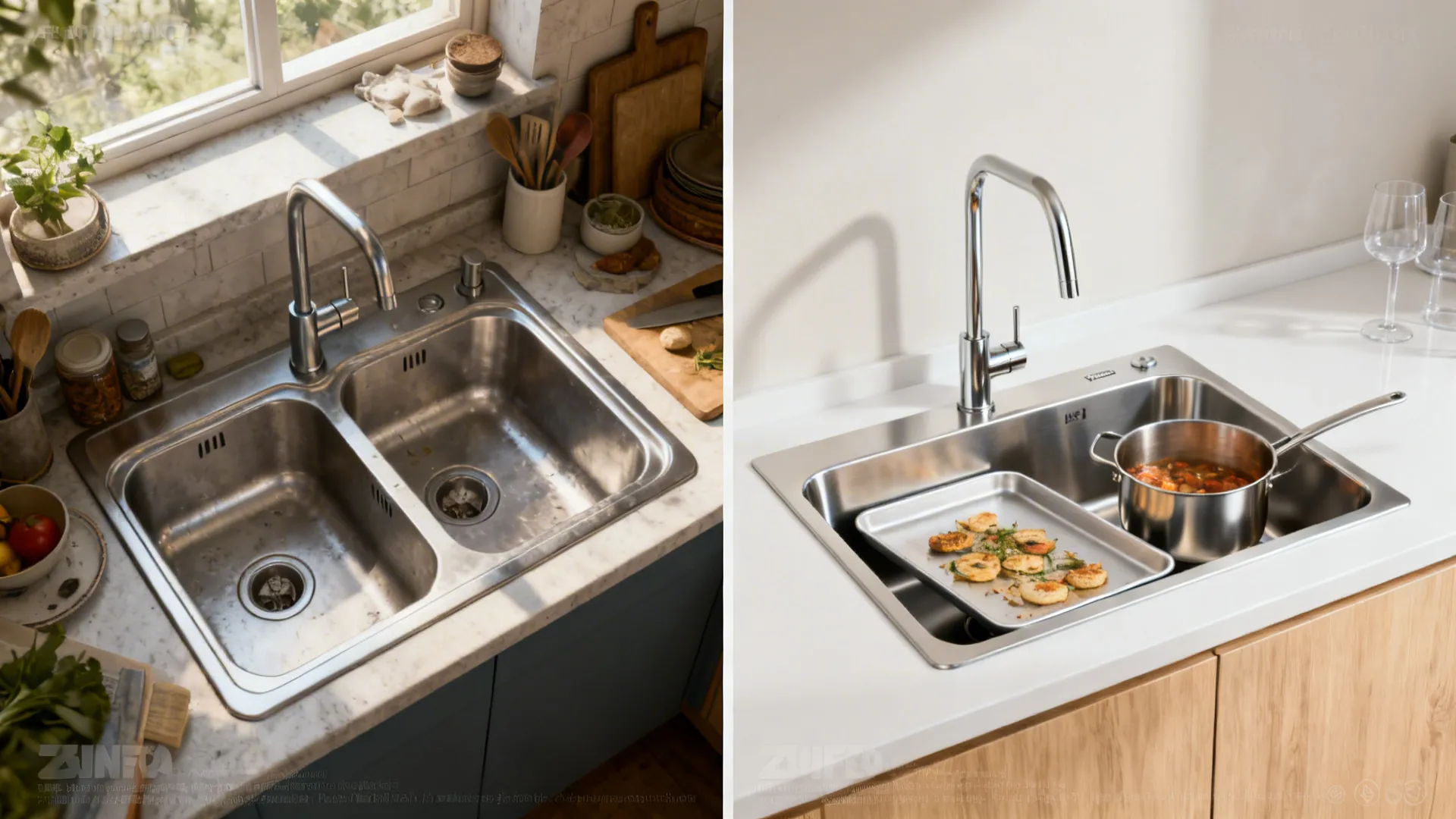 Comparison of double-bowl versus 24-inch single-bowl sink showing more usable space and cleaner counters.