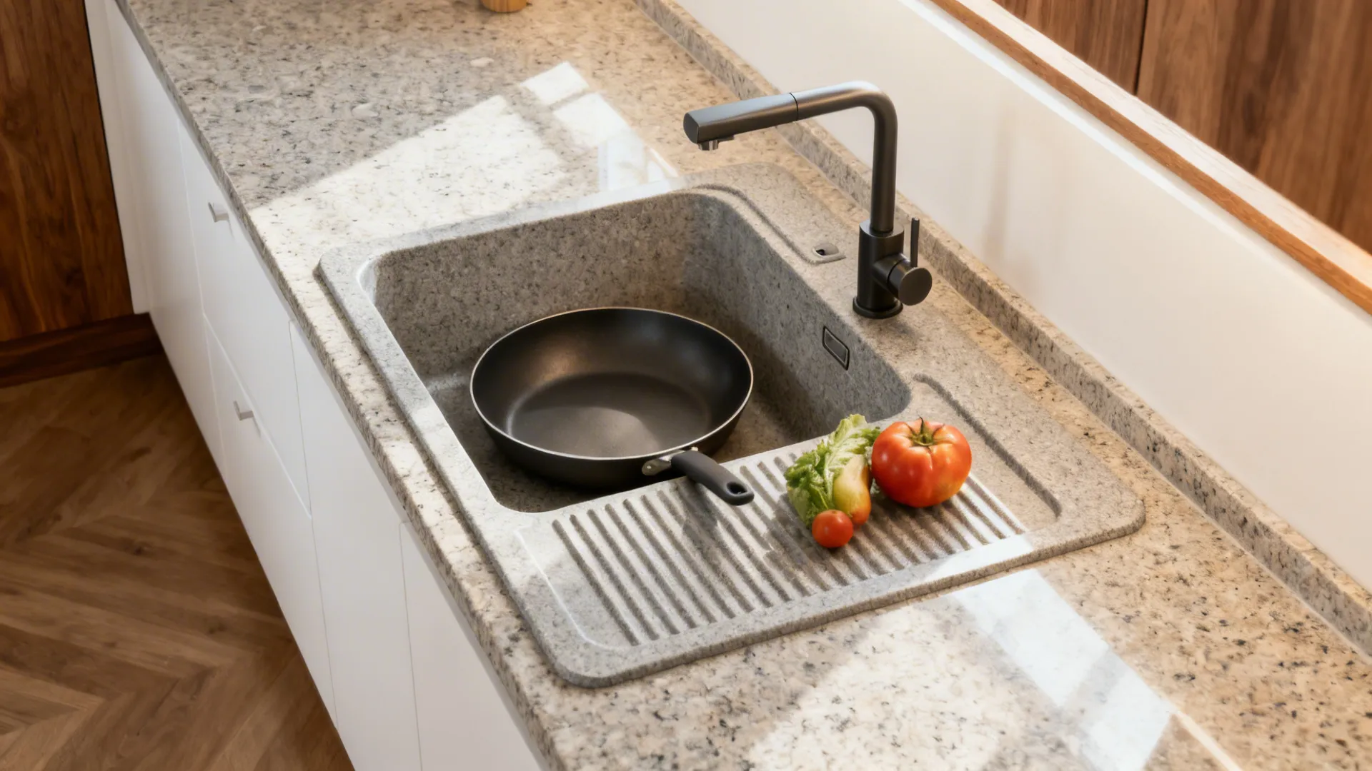 Single-bowl composite granite sink with an integrated drainer holding produce beside a pan.