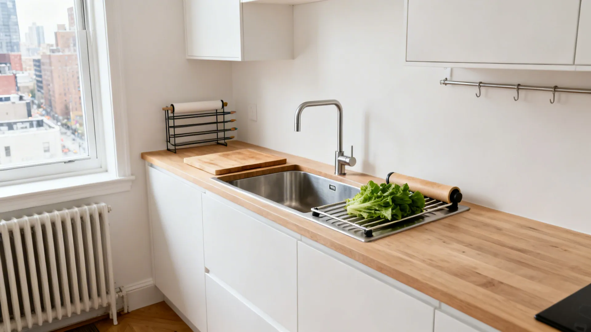 Minimalist apartment kitchen with a deep single-bowl sink and ledge accessories in use.