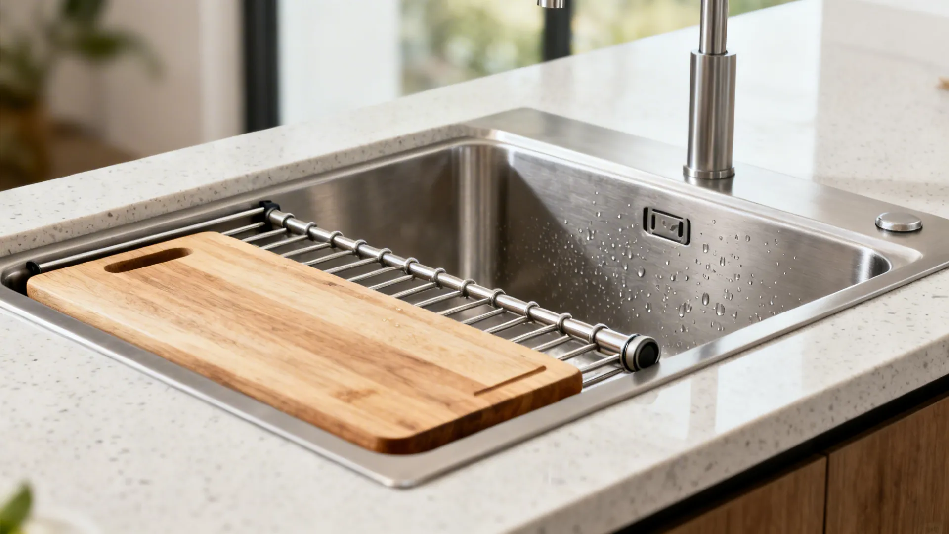 Macro of a stainless single-bowl sink with an integrated ledge, cutting board, and roll-up rack.