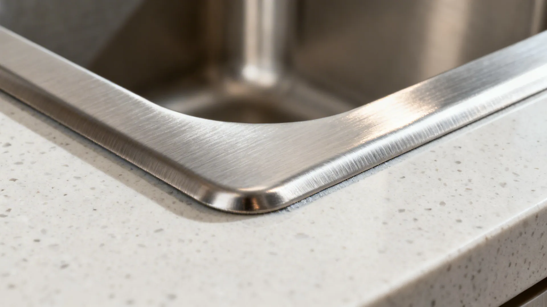 Macro detail of a brushed stainless sink edge meeting a quartz countertop with precise clean lines.
