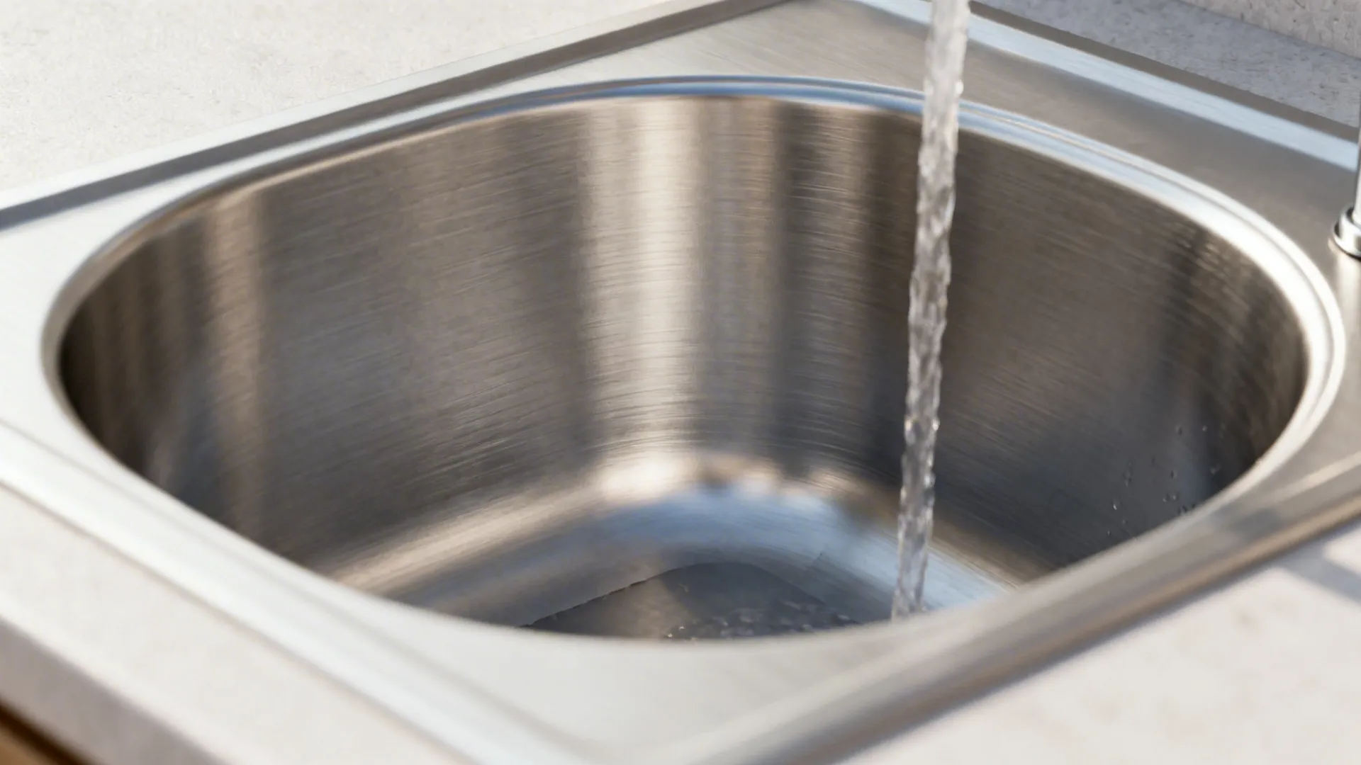 Macro of a stainless single-bowl sink showing rounded corners and brushed finish in soft light.
