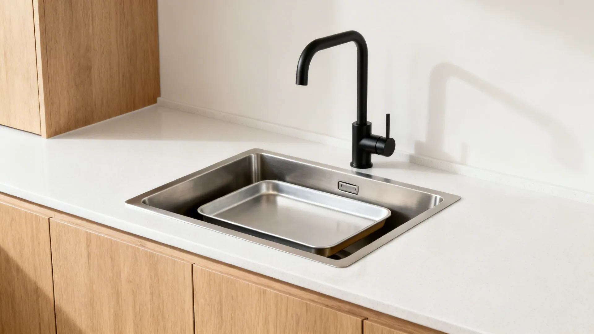 Minimalist small kitchen with a deep single-bowl brushed stainless sink and warm white quartz countertop.
