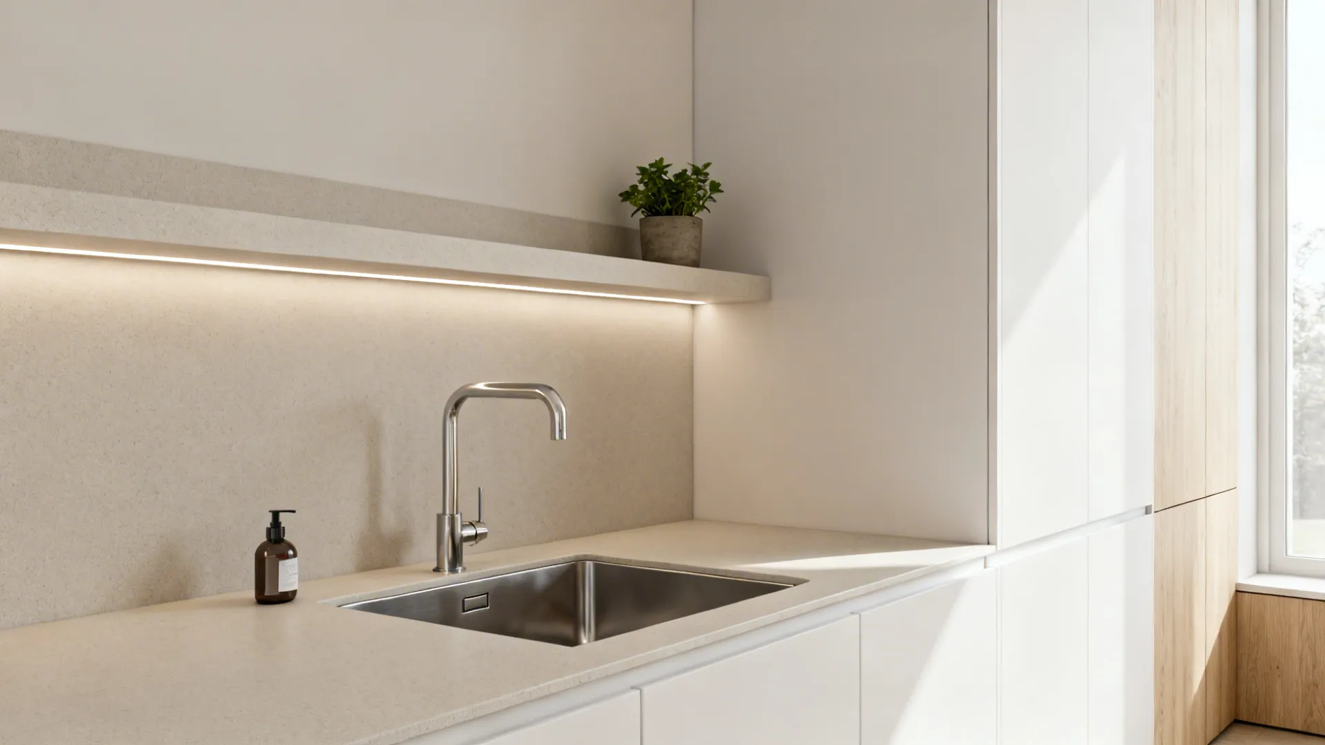 Minimalist white kitchen featuring a single bowl stainless steel sink with shelf and small green plant
