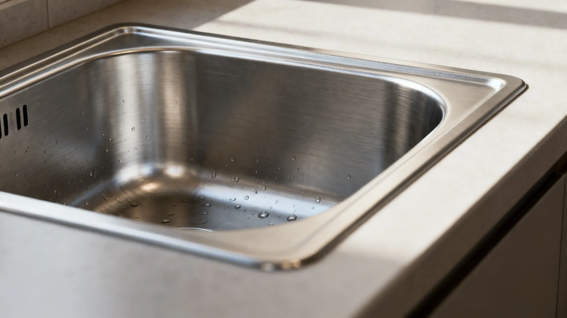Deep single-bowl stainless steel sink shown in close-up with realistic brushed texture.
