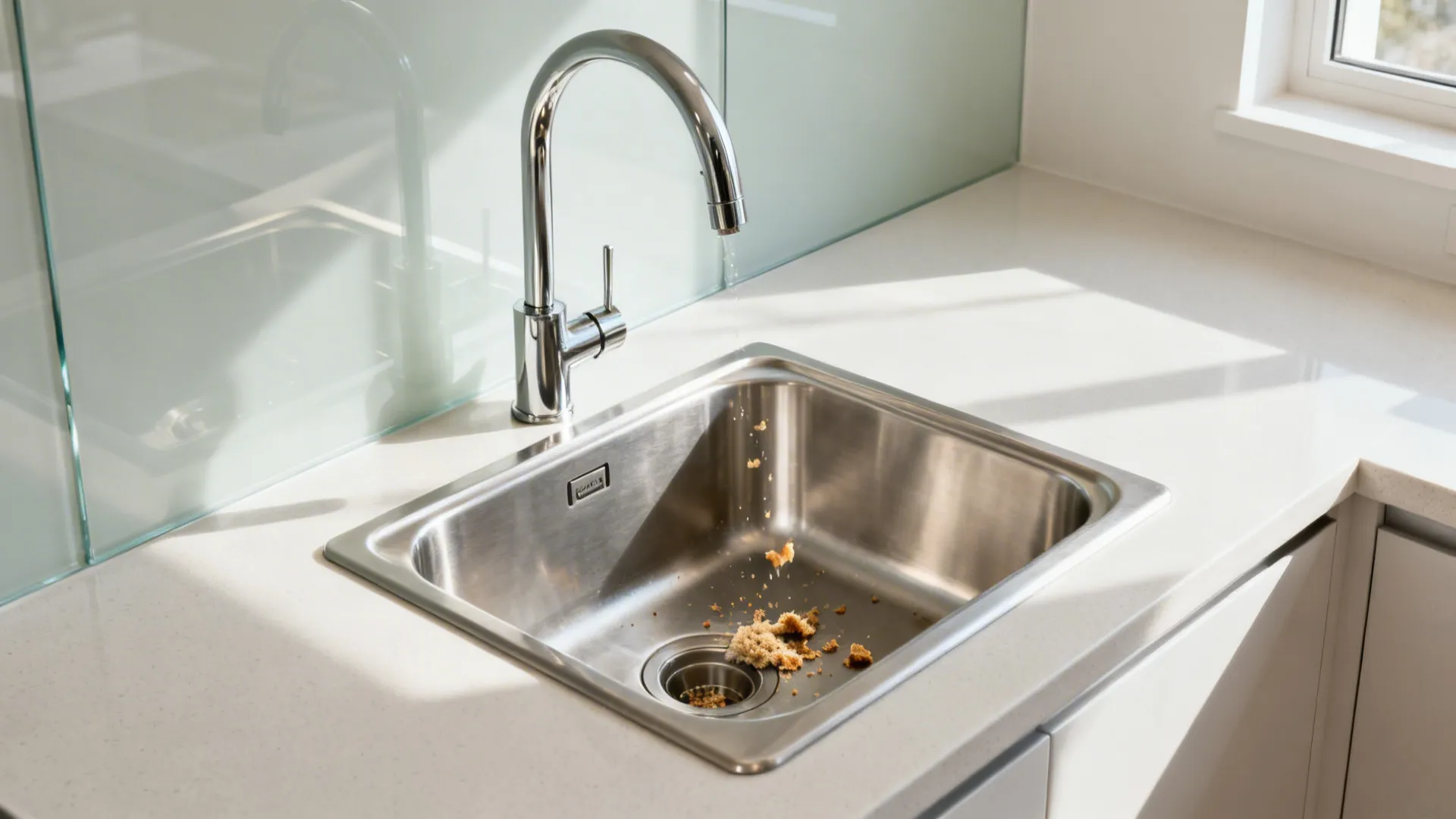 Single-bowl brushed stainless sink with low-profile rim beneath a bright glass backsplash.