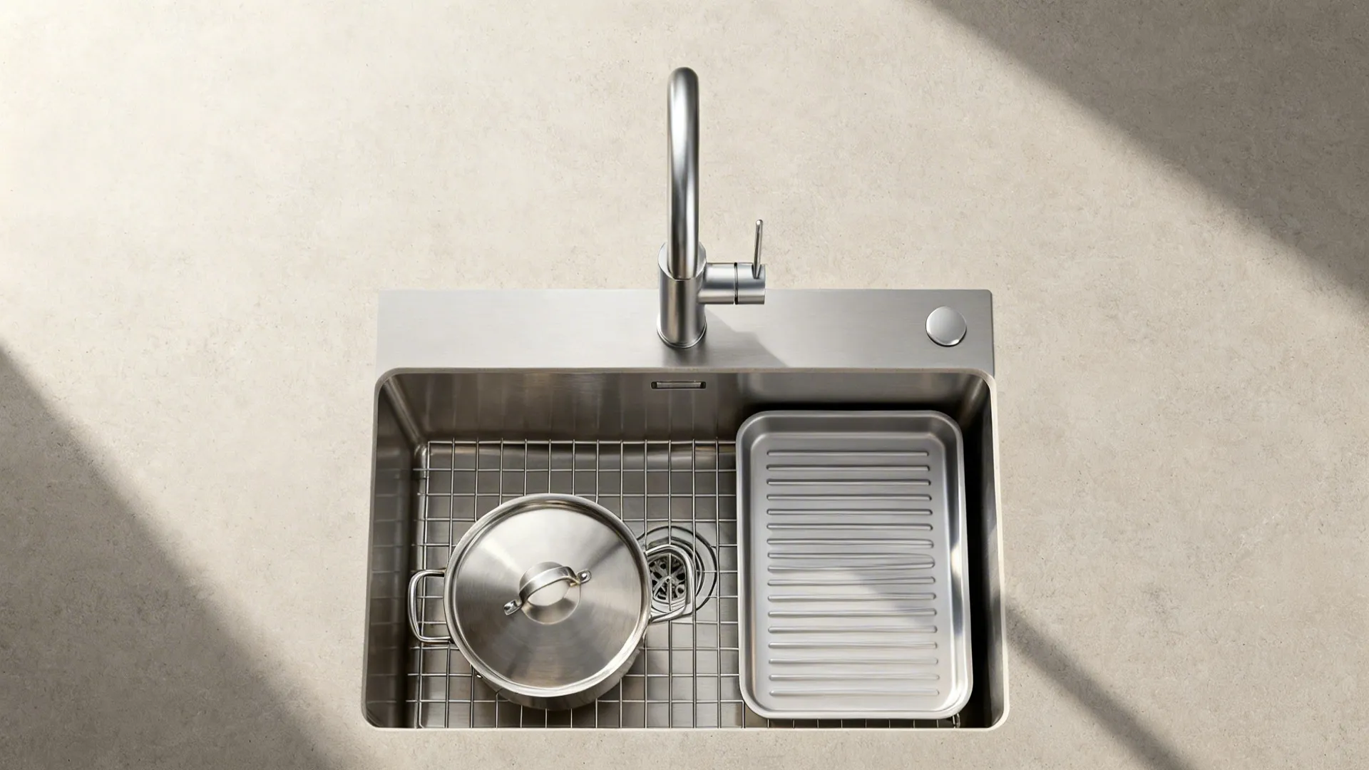 Stainless steel kitchen sink top view with faucet metal pot and drying tray on countertop