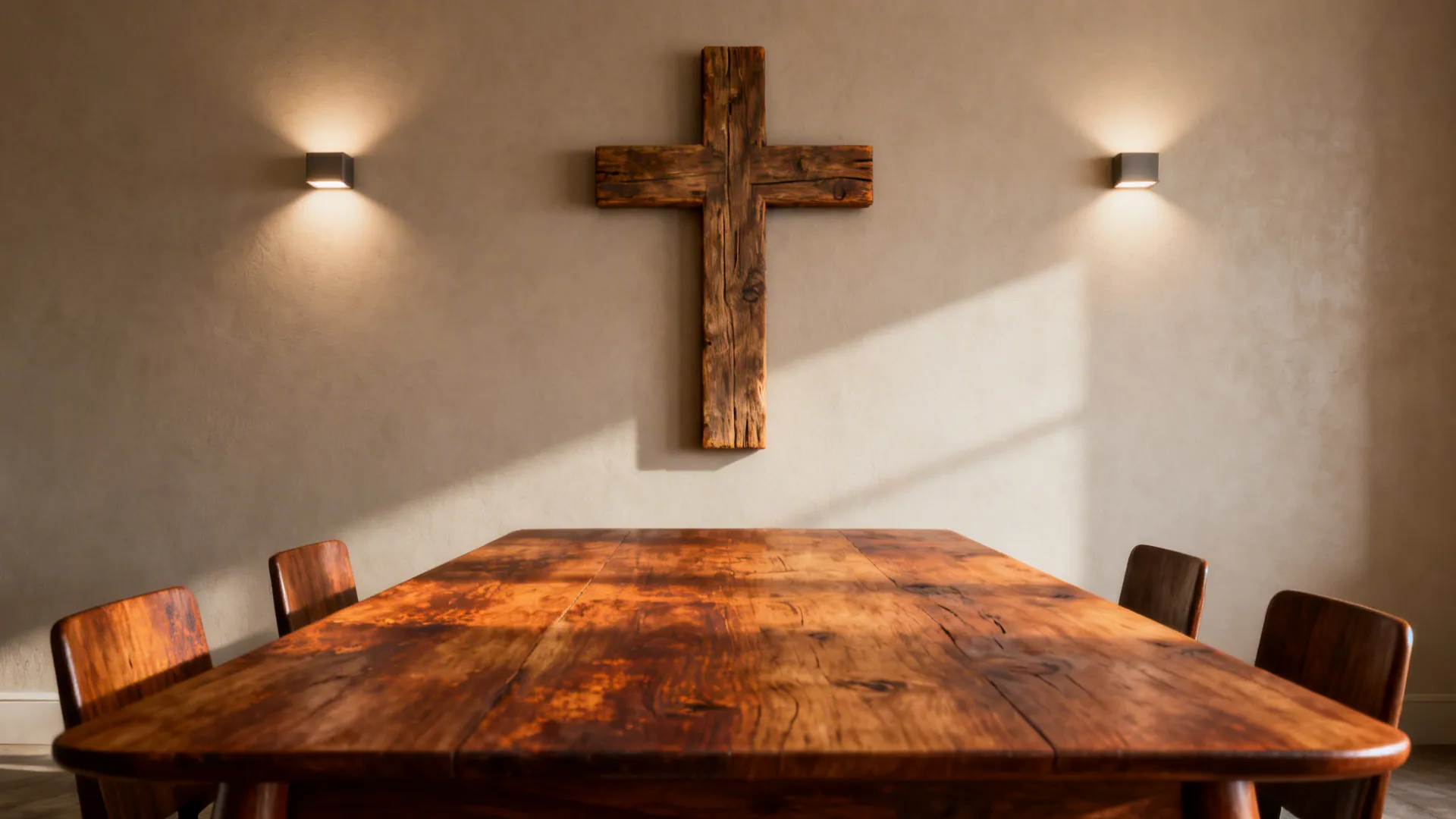 Reclaimed wood cross above a dining table highlighted by a soft sconce