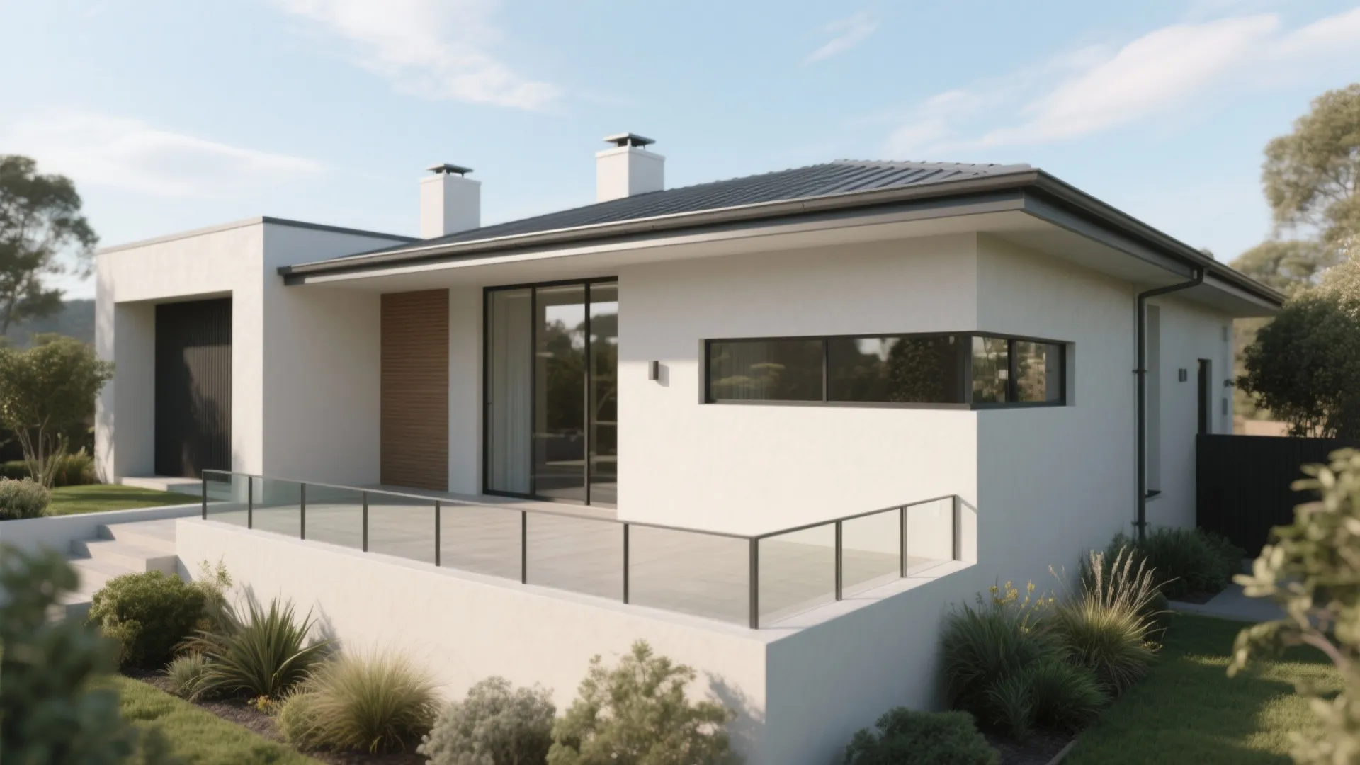 Modern white house design drawing with glass balcony and large windows in a garden setting