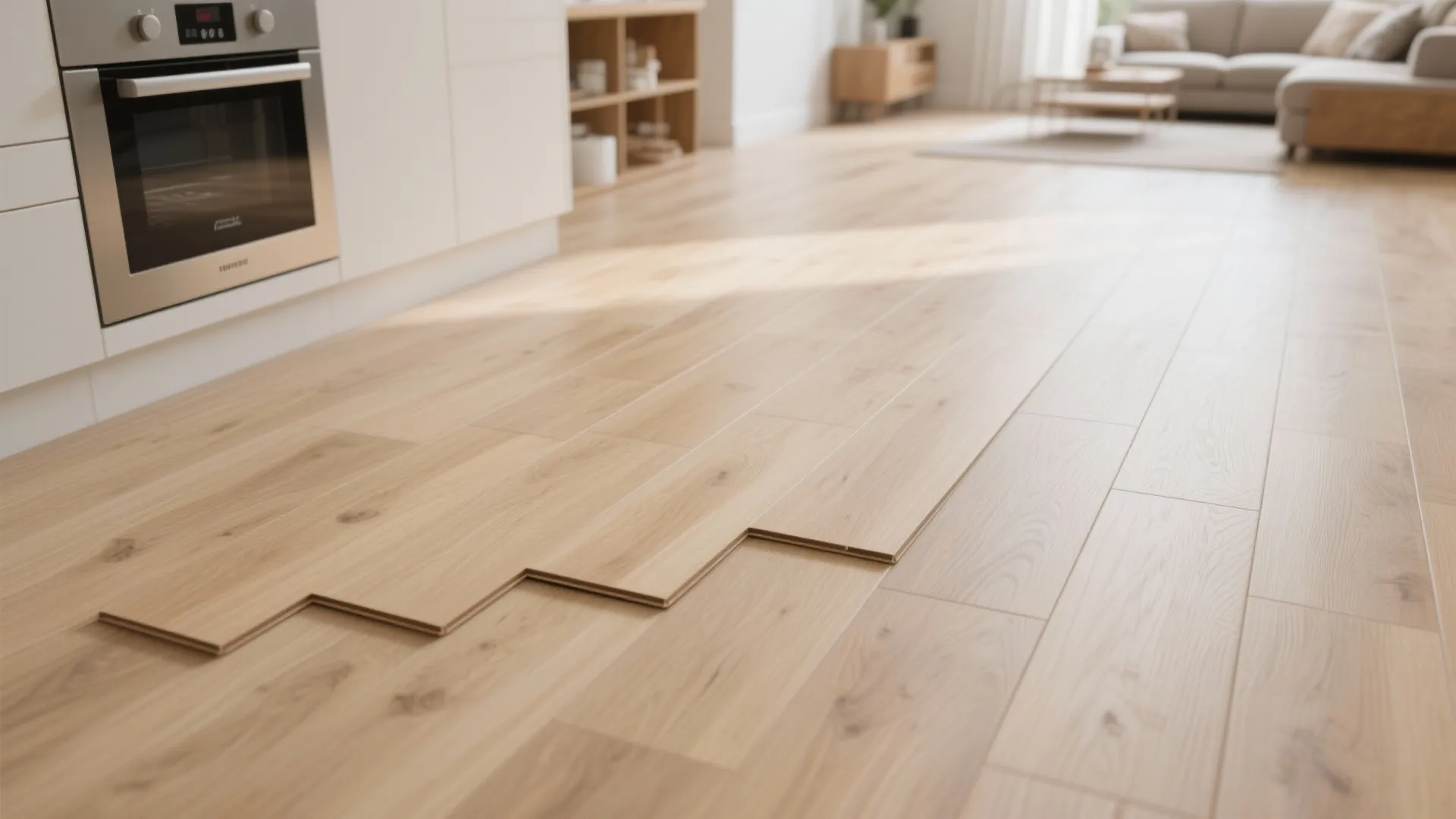 Continuous flooring samples for kitchen and living room