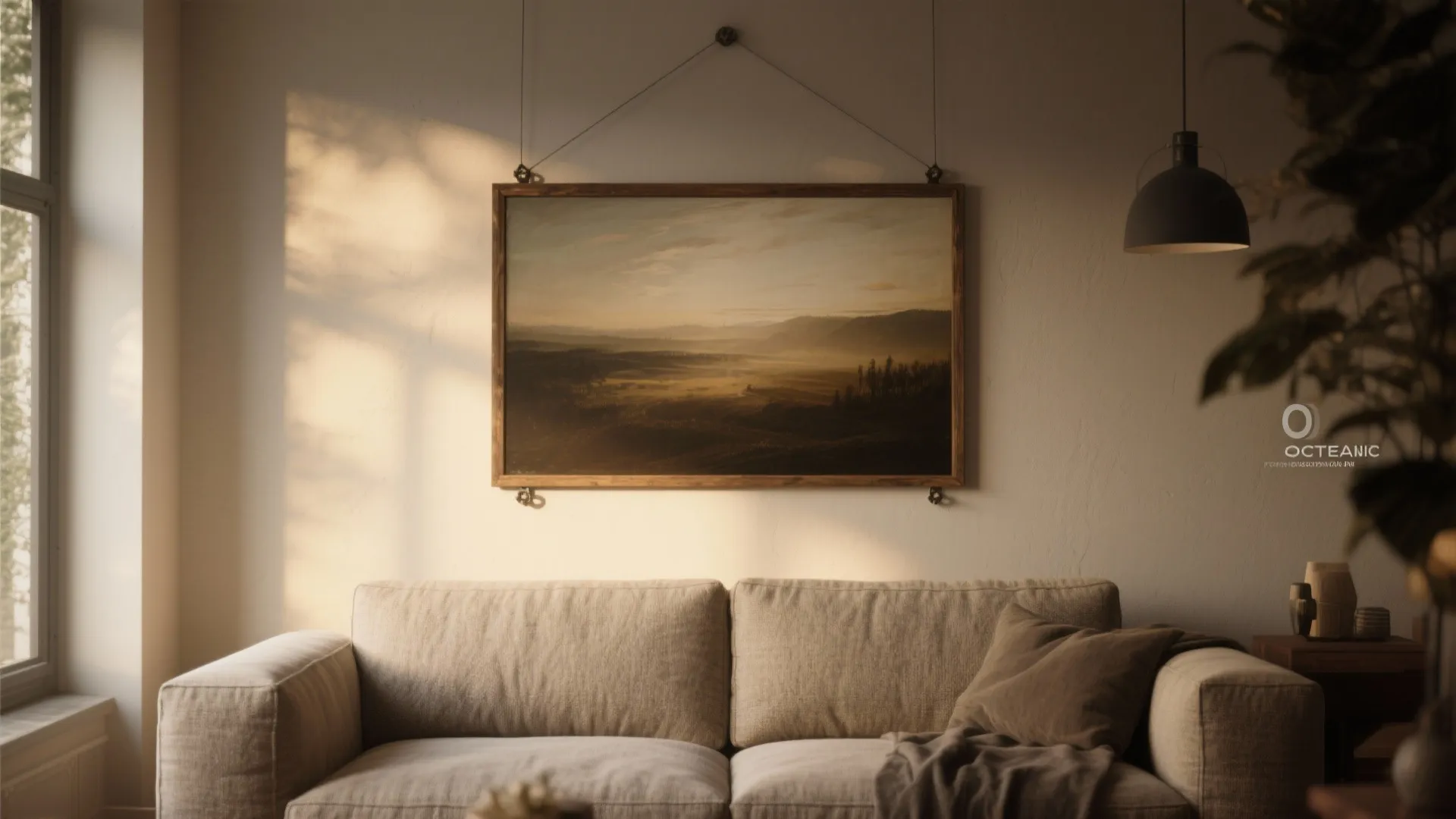 Modern living room with beige sofa framed wall art and black ceiling light with window