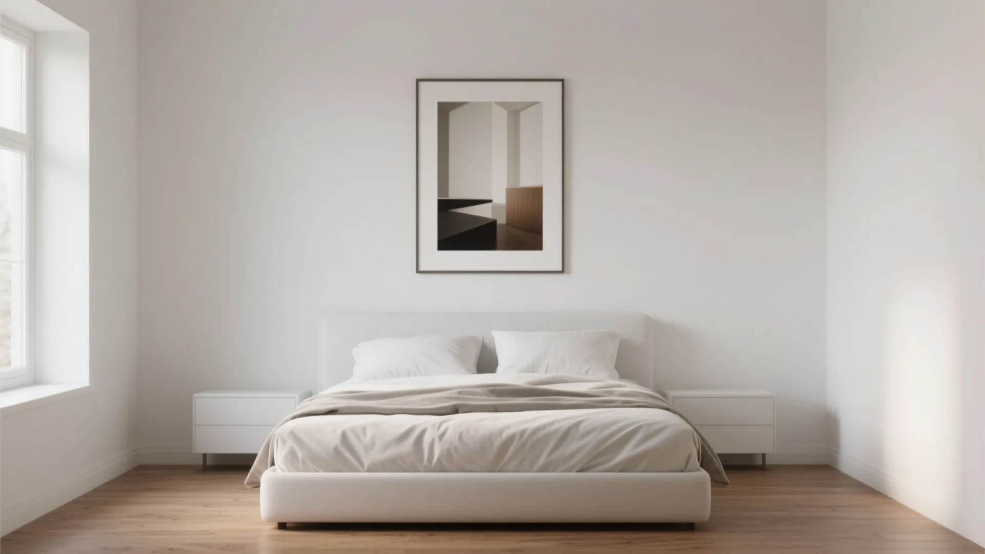 Minimalist bedroom with white bed two side cabinets one large framed picture and wooden floor