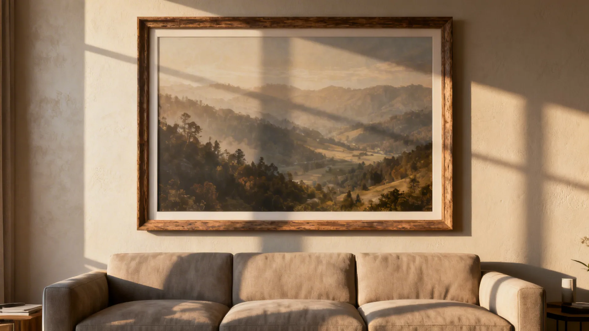 Sofa with a single extra-large framed artwork hung at proper scale and height.