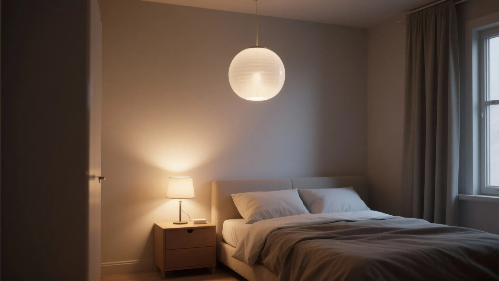 Small bedroom with a single frosted globe pendant over the bedside and layered lighting