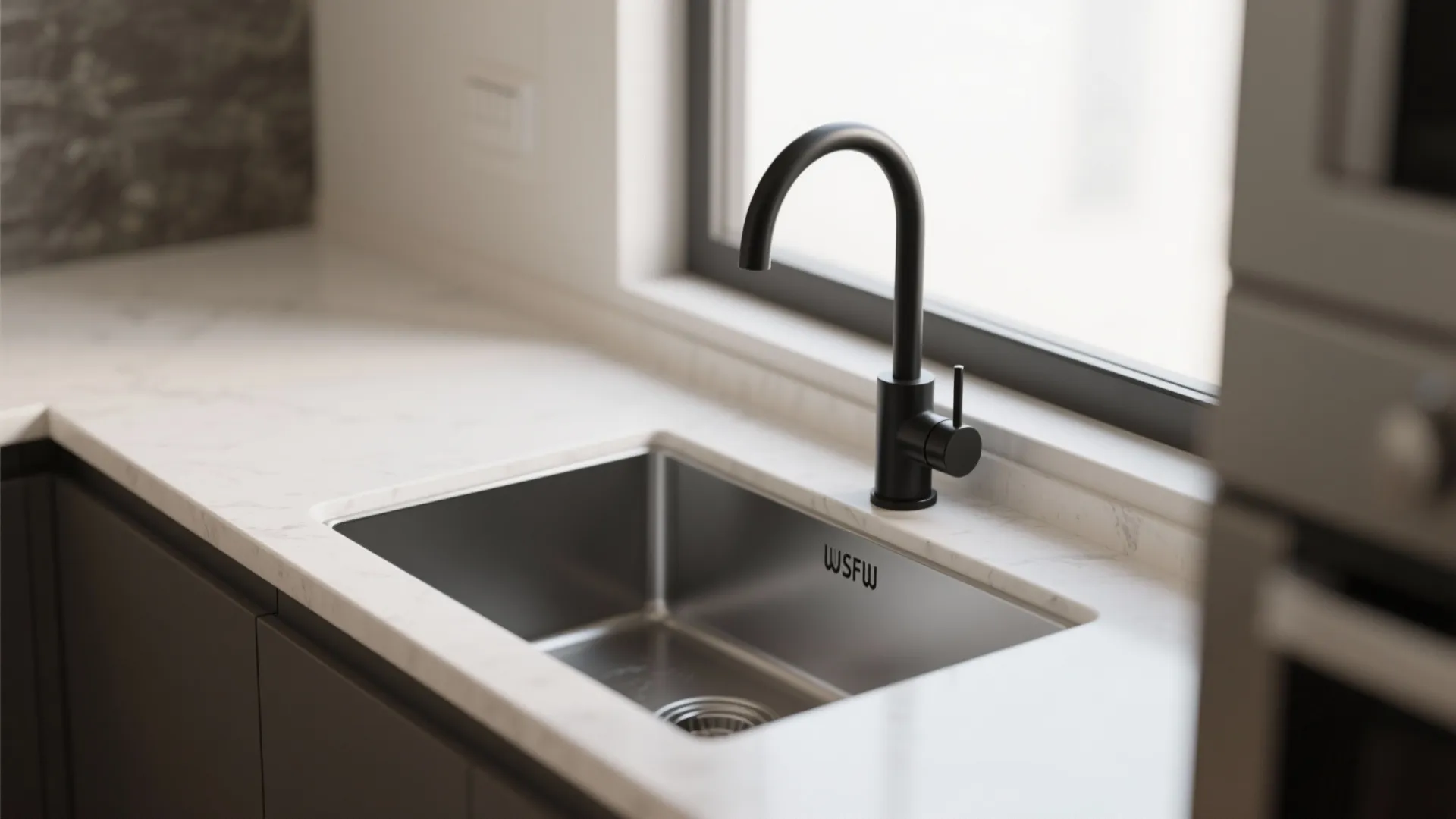 Minimal single-handle matte black faucet in a compact condo kitchen saving counter space
