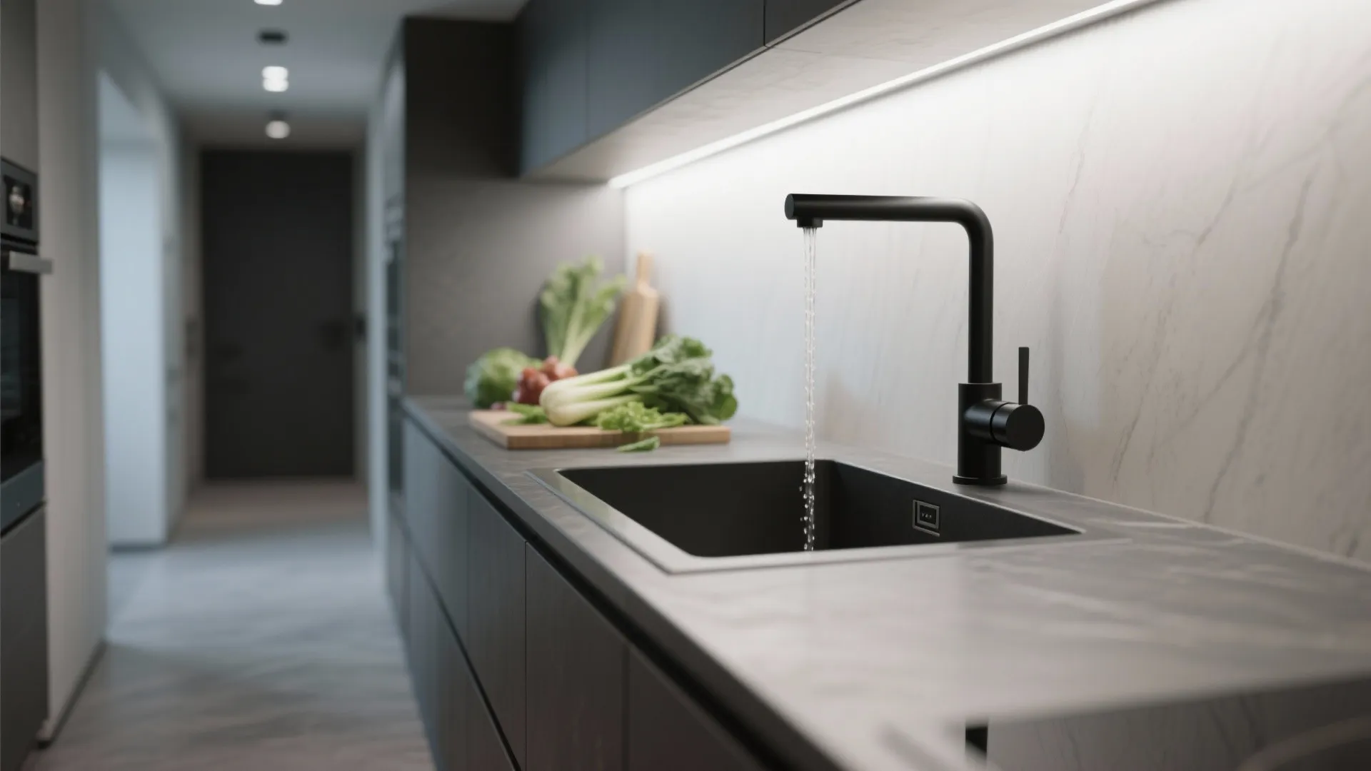 Black kitchen faucet pouring water into black sink on grey countertop with vegetables in background light