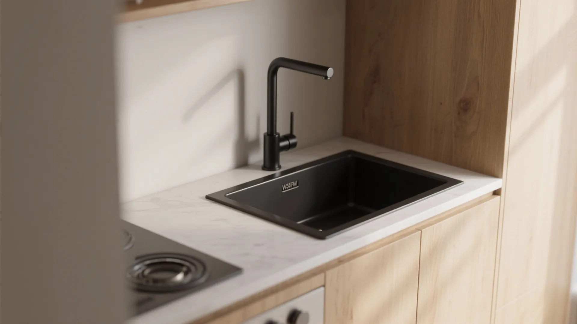Modern black kitchen faucet and black sink on white countertop with wooden cabinets and stove