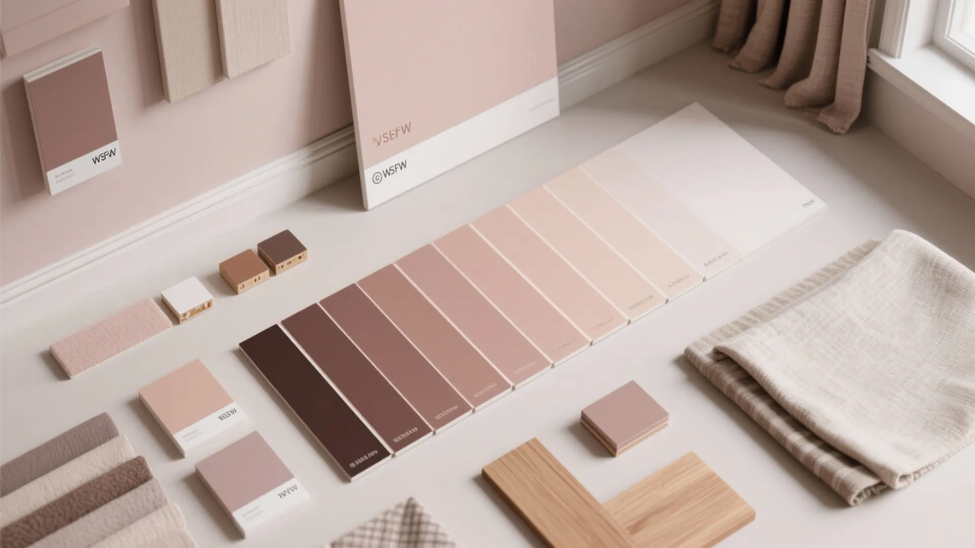 Collection of pink paint color cards with fabric samples and wood pieces on the floor
