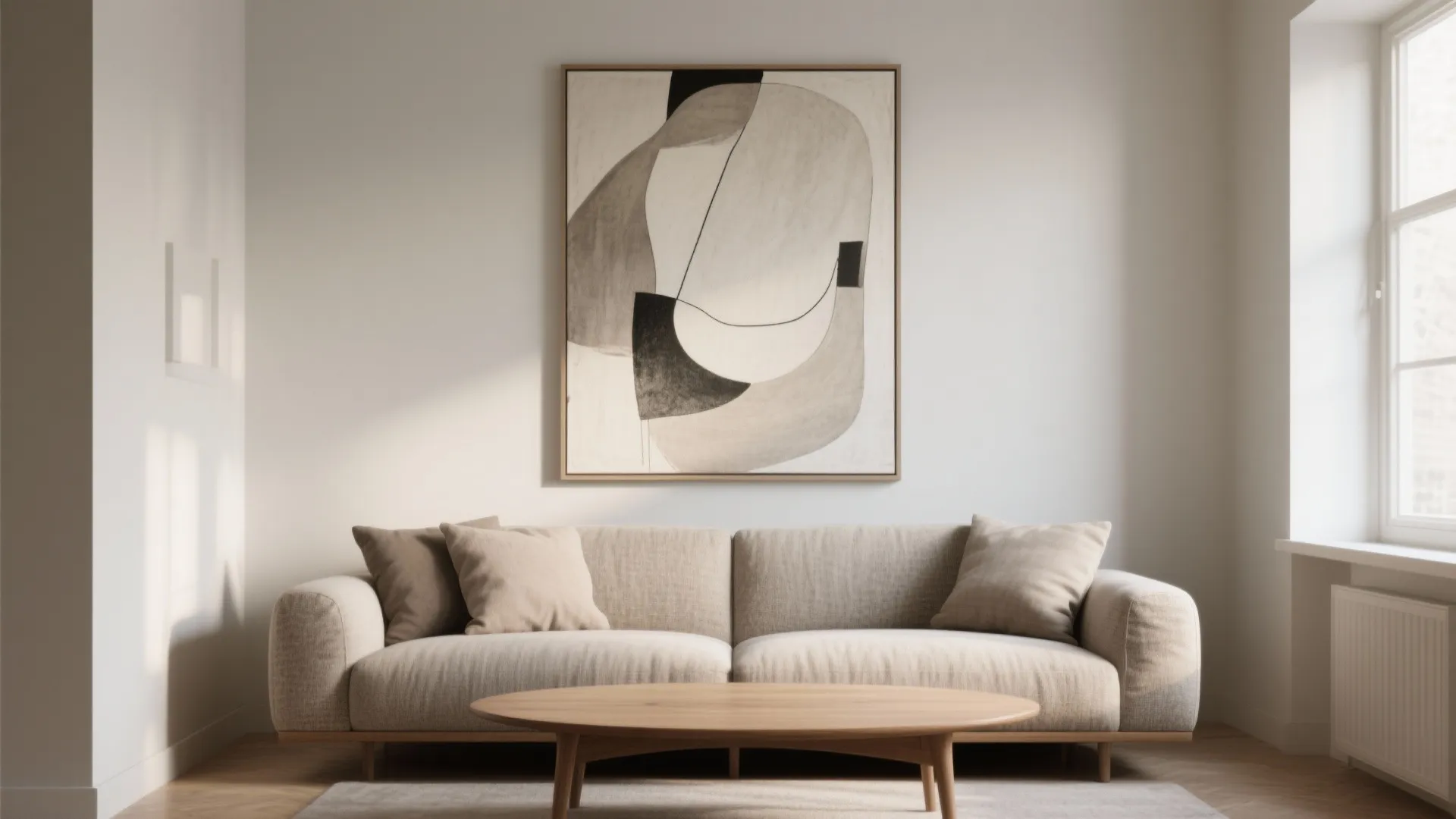 Cozy living room interior with large abstract painting above a beige sofa and wooden coffee table