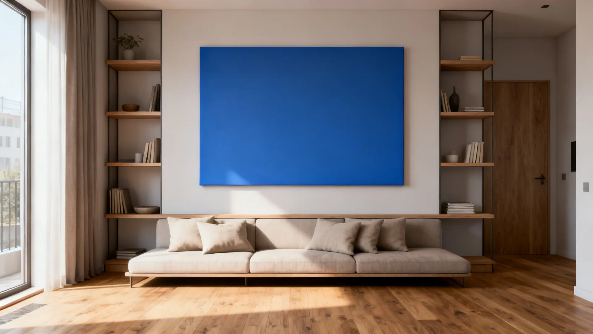 Compact apartment living room anchored by a single oversized blue canvas above the sofa.