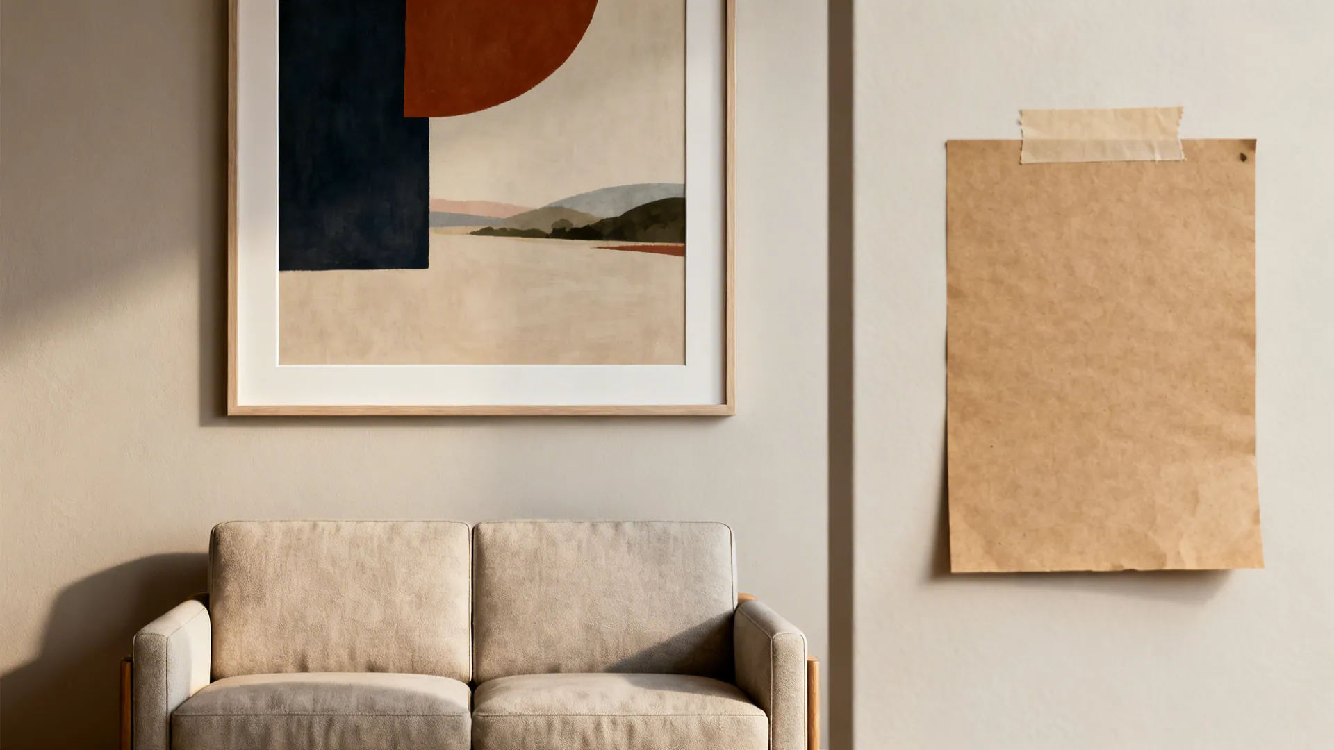 Single large framed art centered above a small sofa, cropped for clear read from a distance with kraft paper mockup detail.