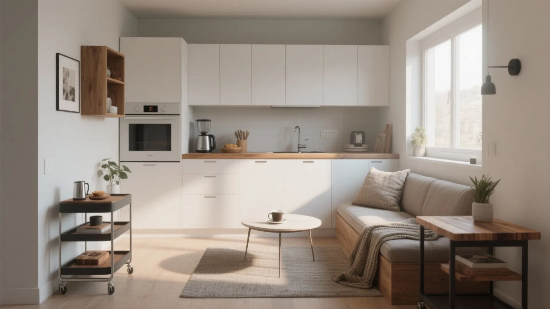 Small white kitchen design with wooden counter sofa coffee table rug and window with sunlight