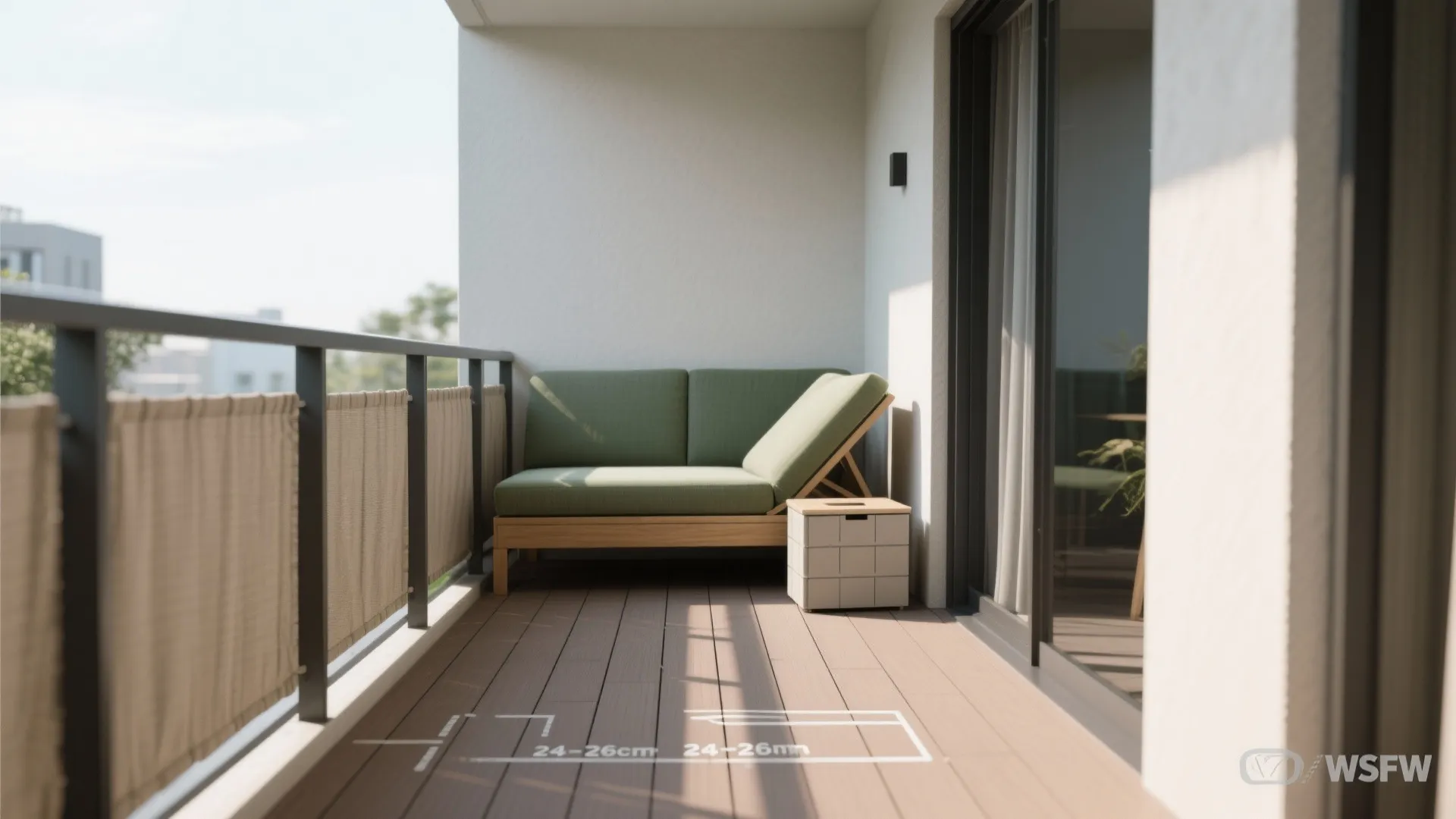 Modern balcony with green sofa wooden floor small cabinet and white wall under bright sunlight