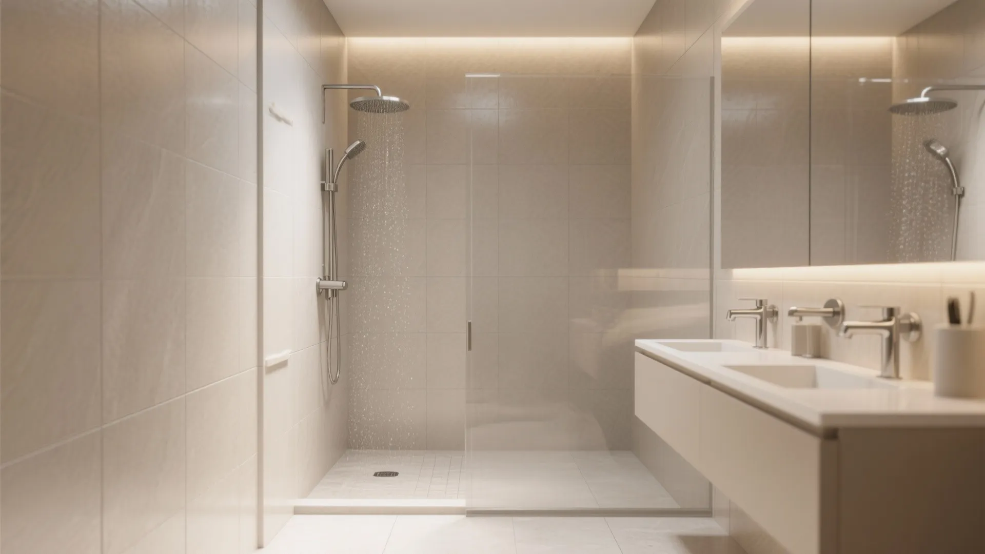 1. Wet room with a single-material finish