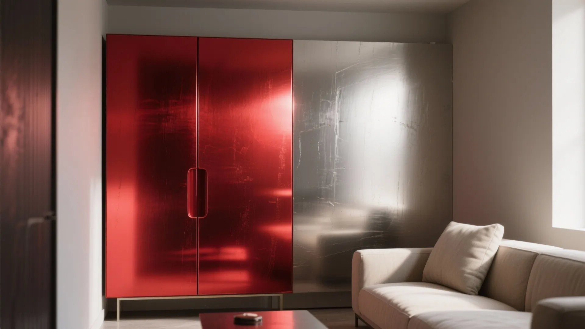 Small living nook with one deep metallic candy-apple cabinet front as a focal point.