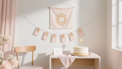 Soft Pink Birthday Party Corner with Sun Motif
