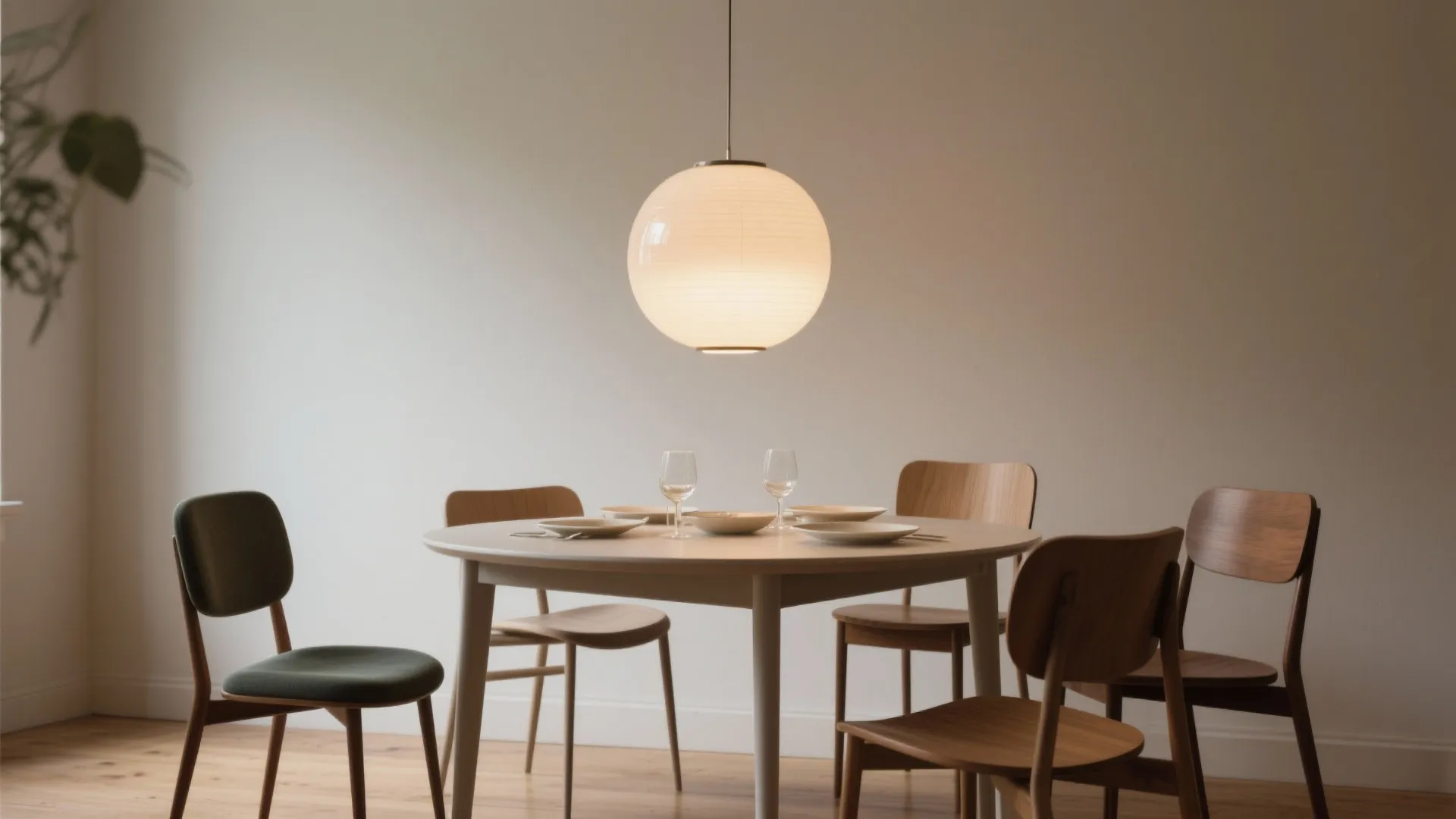 Minimal dining table with a single blown-glass orb pendant casting diffused warm light over the setting.