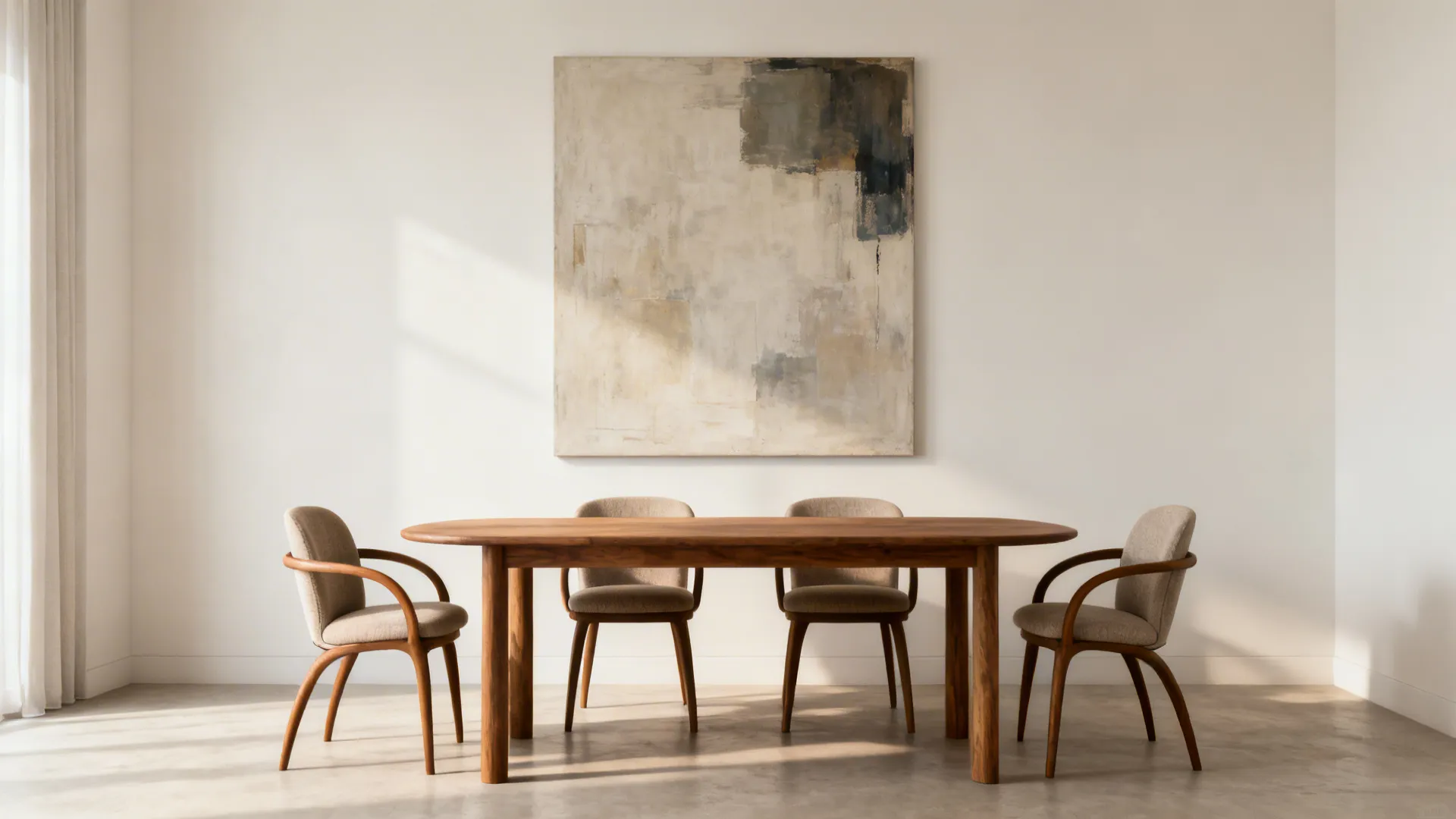 极简餐厅中一幅居中悬挂的超大画作，画面比例与160cm餐桌协调