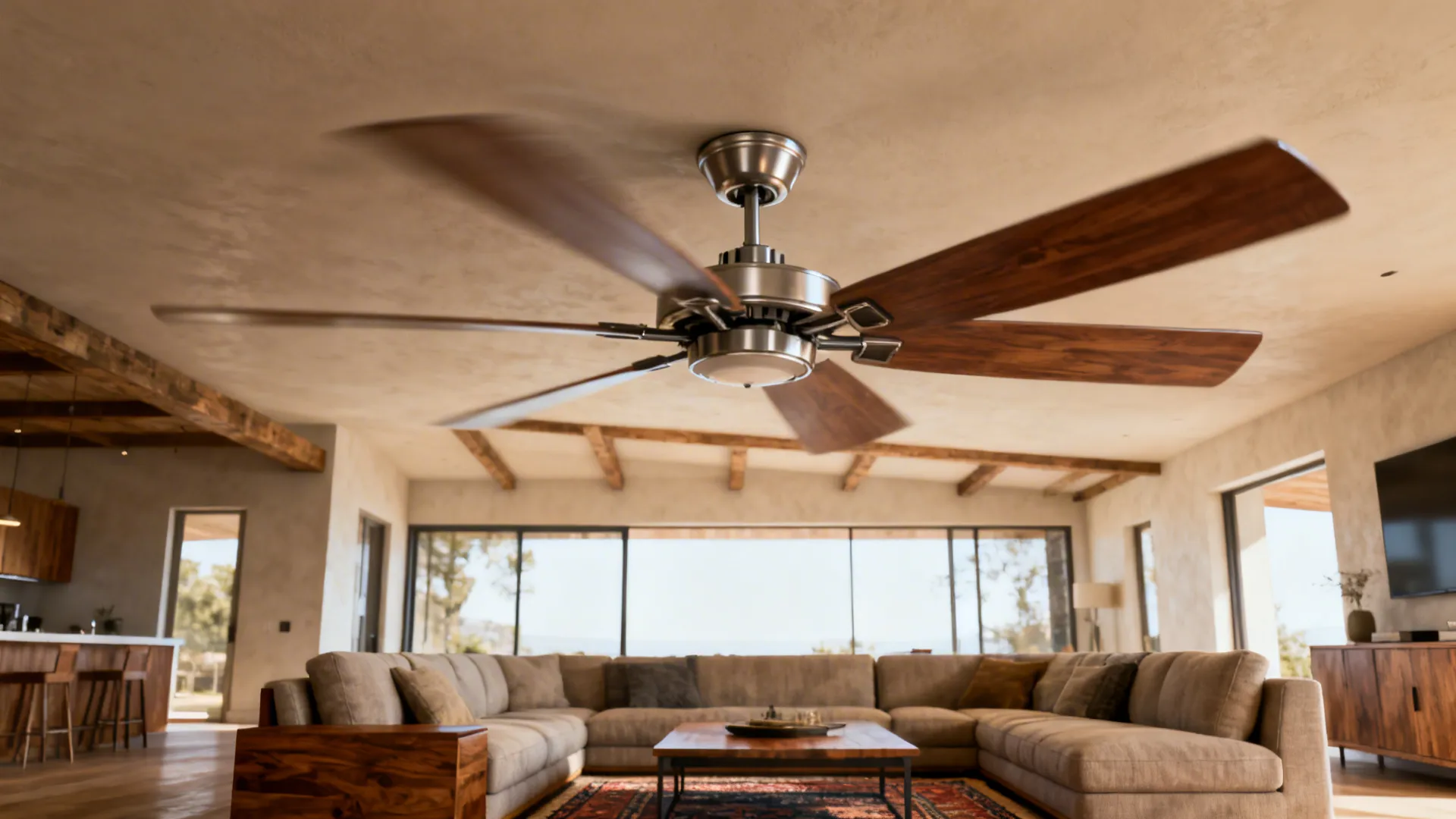 Open-plan living room with a single oversized ceiling fan and visible robust mounting, neutral wood tones.
