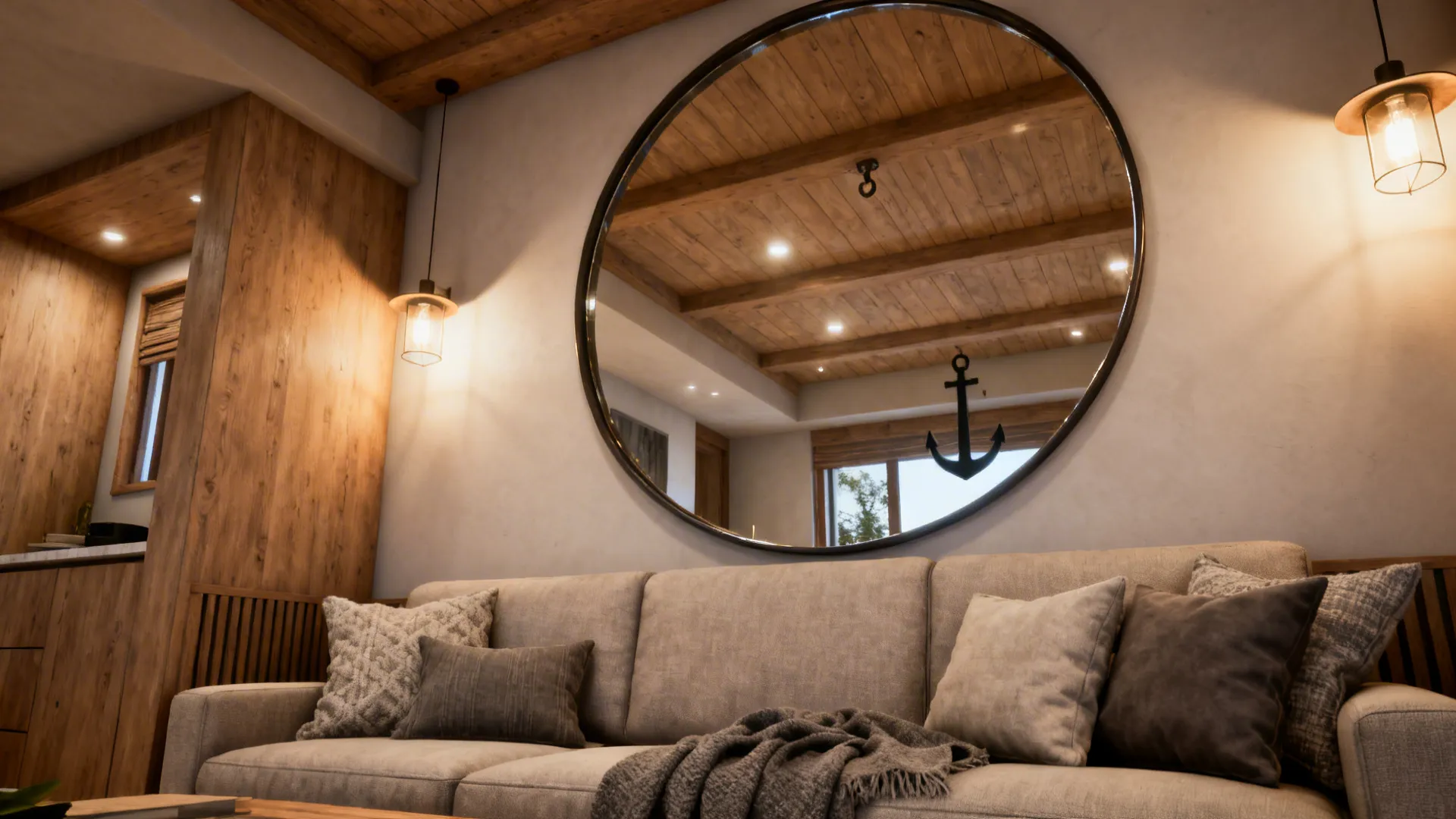 Small living room with a large round mirror above the sofa enhancing ceiling height and reflecting light.