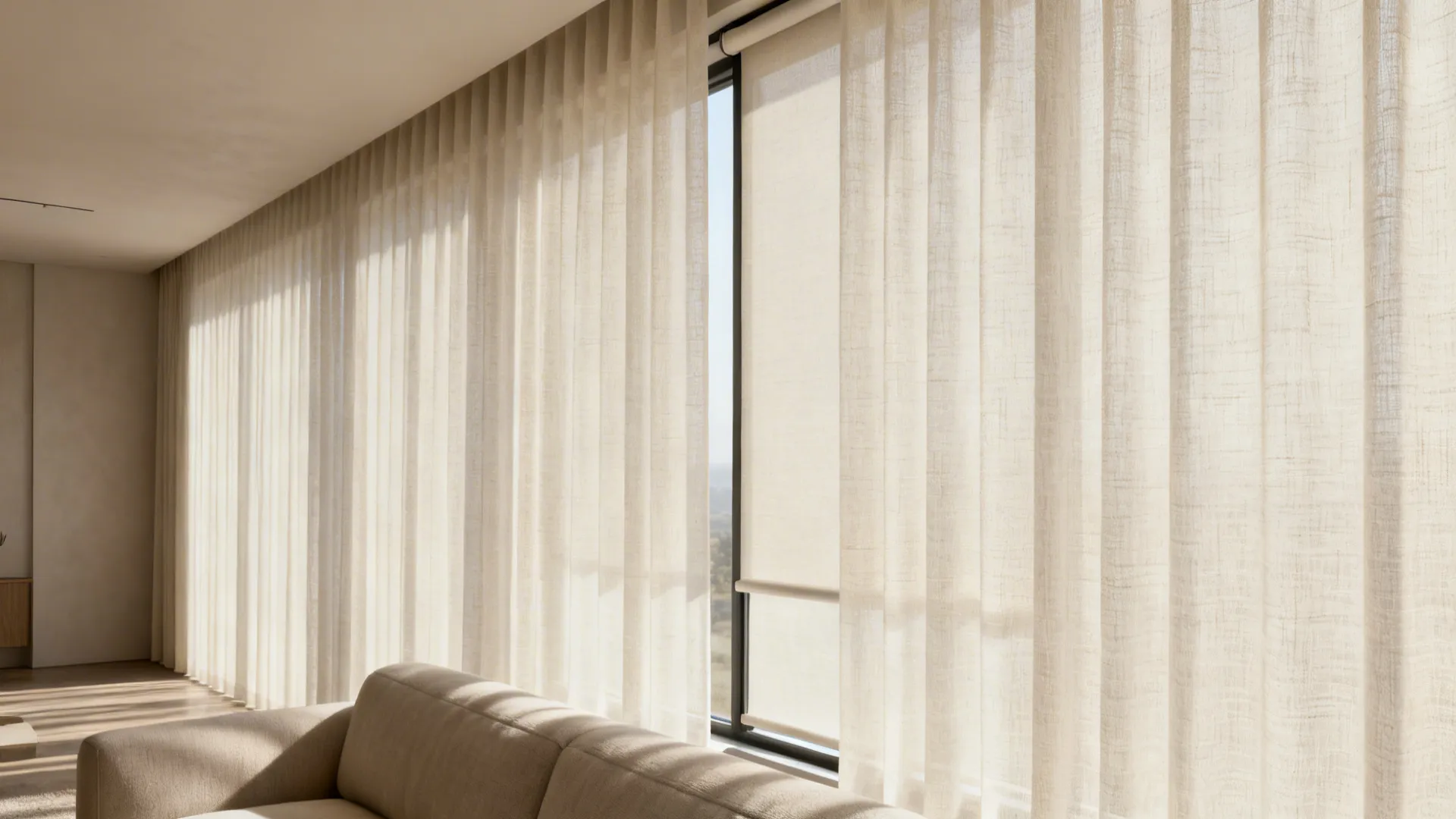 Narrow living room with a single continuous ivory sheer from ceiling to floor concealing an imperfect window frame