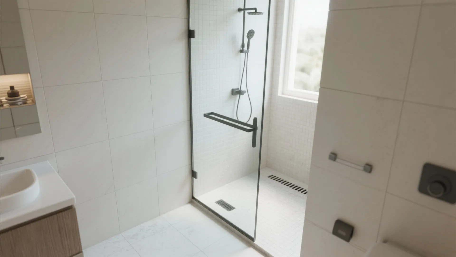 Walk-in wet area with a single glass panel
