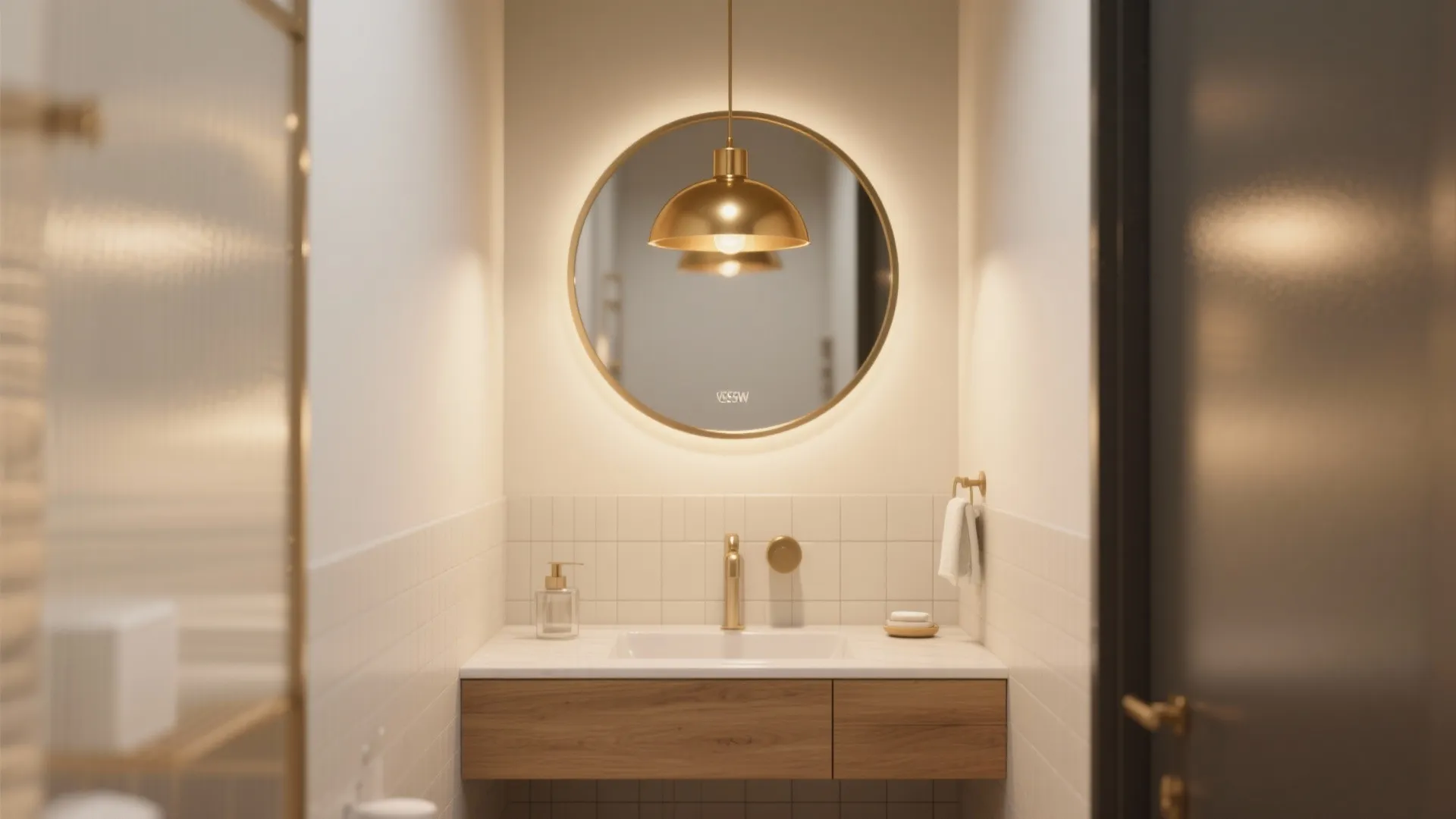 Modern bathroom with a round lighted mirror gold ceiling light wooden cabinet and a white sink