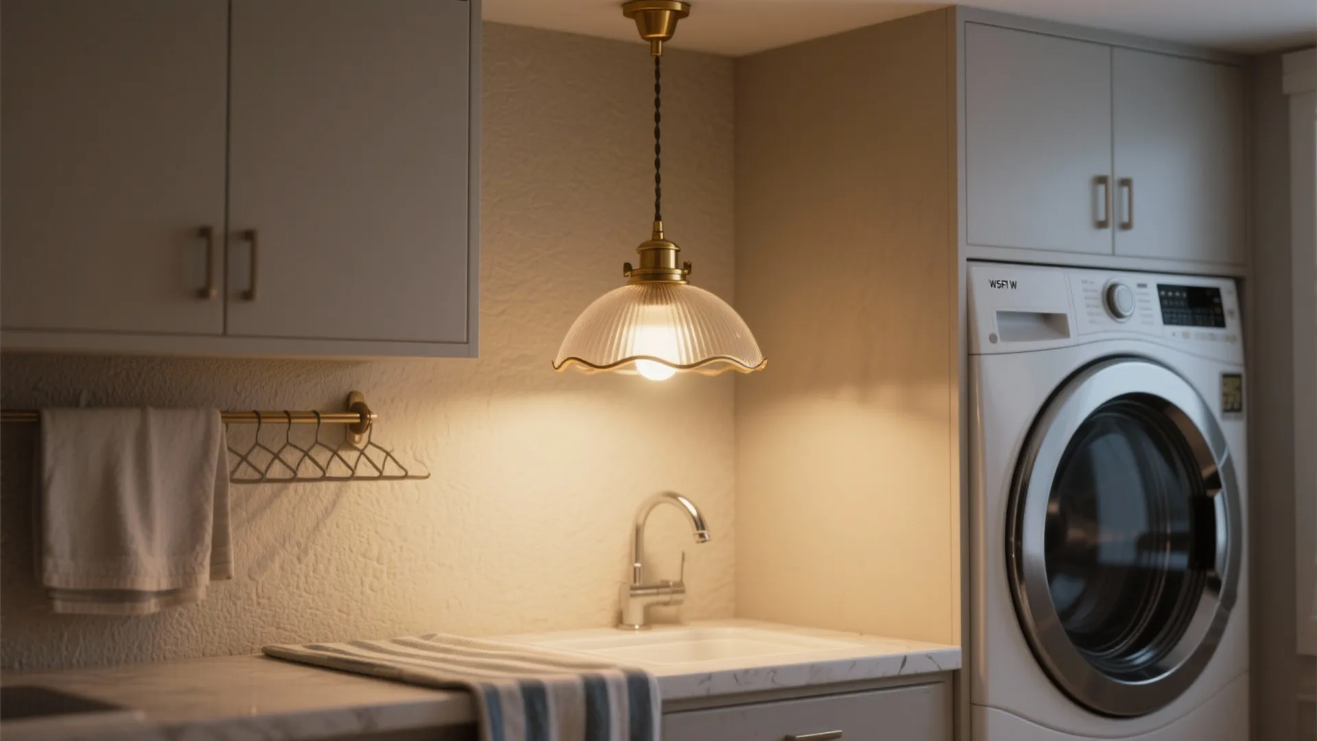 Modern laundry room with warm ceiling light hanging above white sink and front loading washer