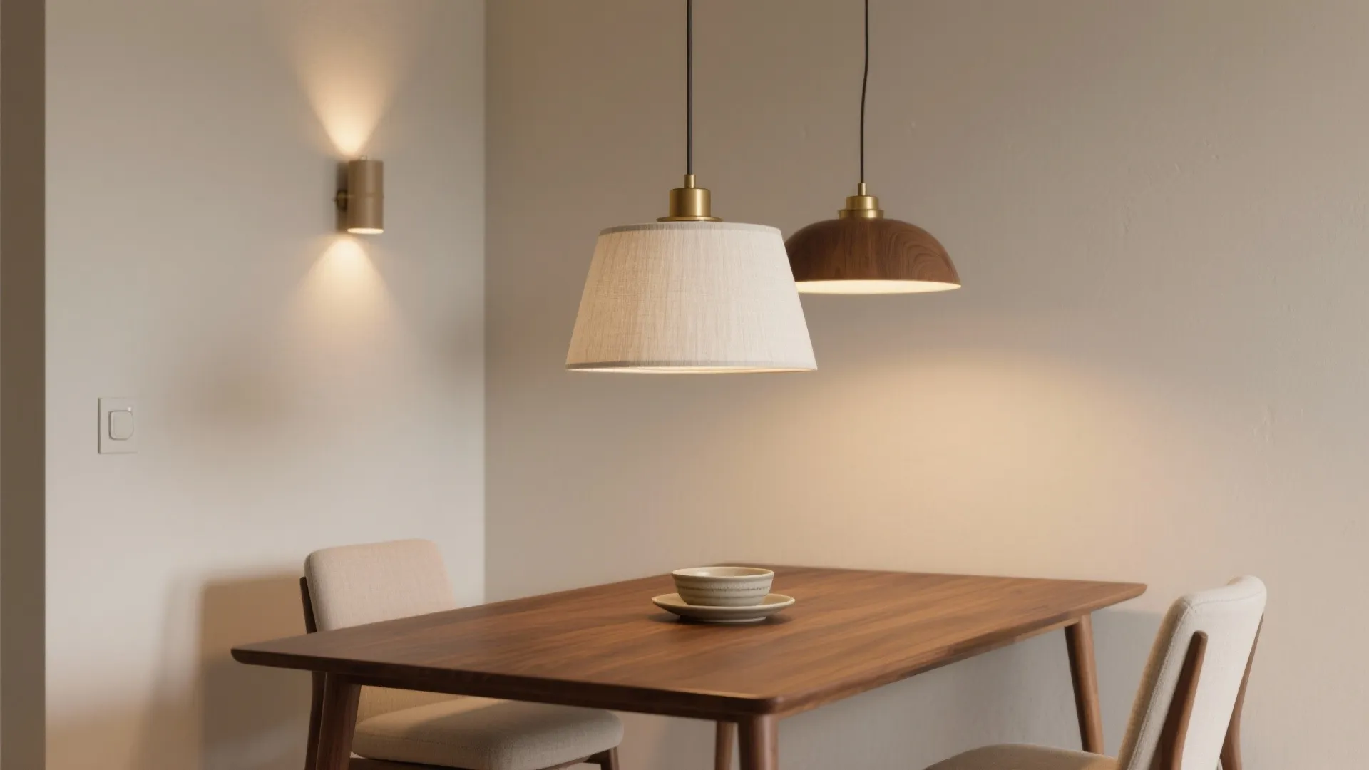 Wooden dining table with two hanging ceiling lights and a small warm wall light fixture