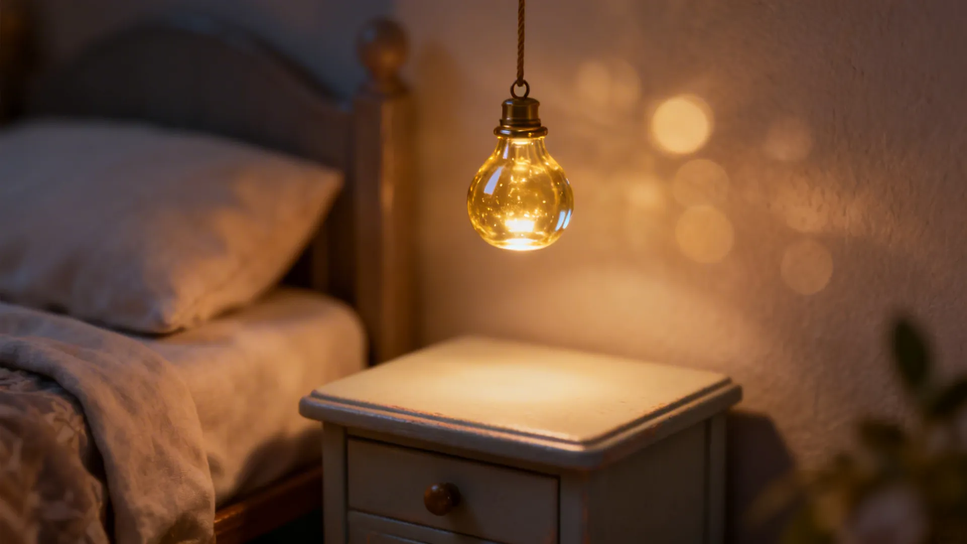 Single small glass pendant over a bedside table creating a jewelry-like focal point.