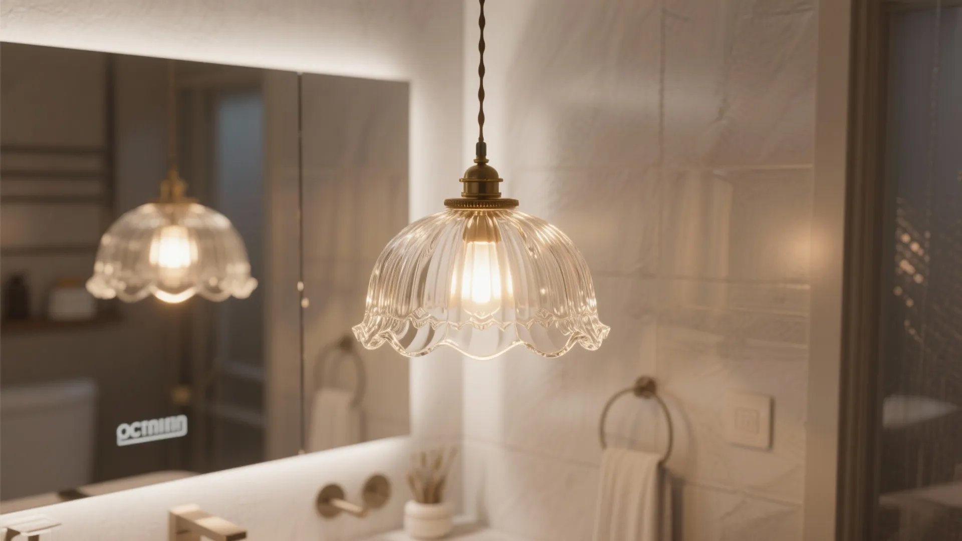 Close up view of a glass light fixture hanging in front of a bathroom mirror
