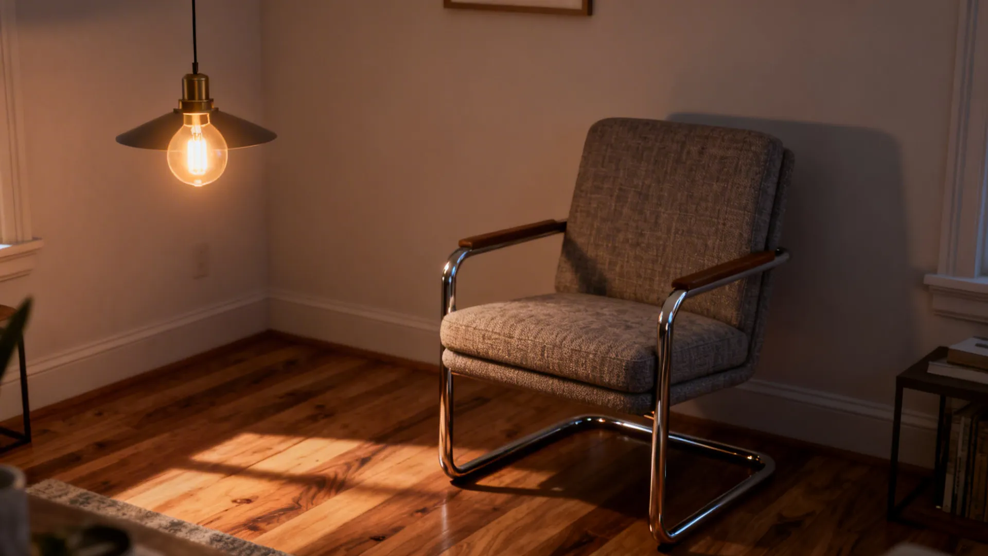 Cozy reading nook with grey armchair on wooden floor and a single hanging yellow light
