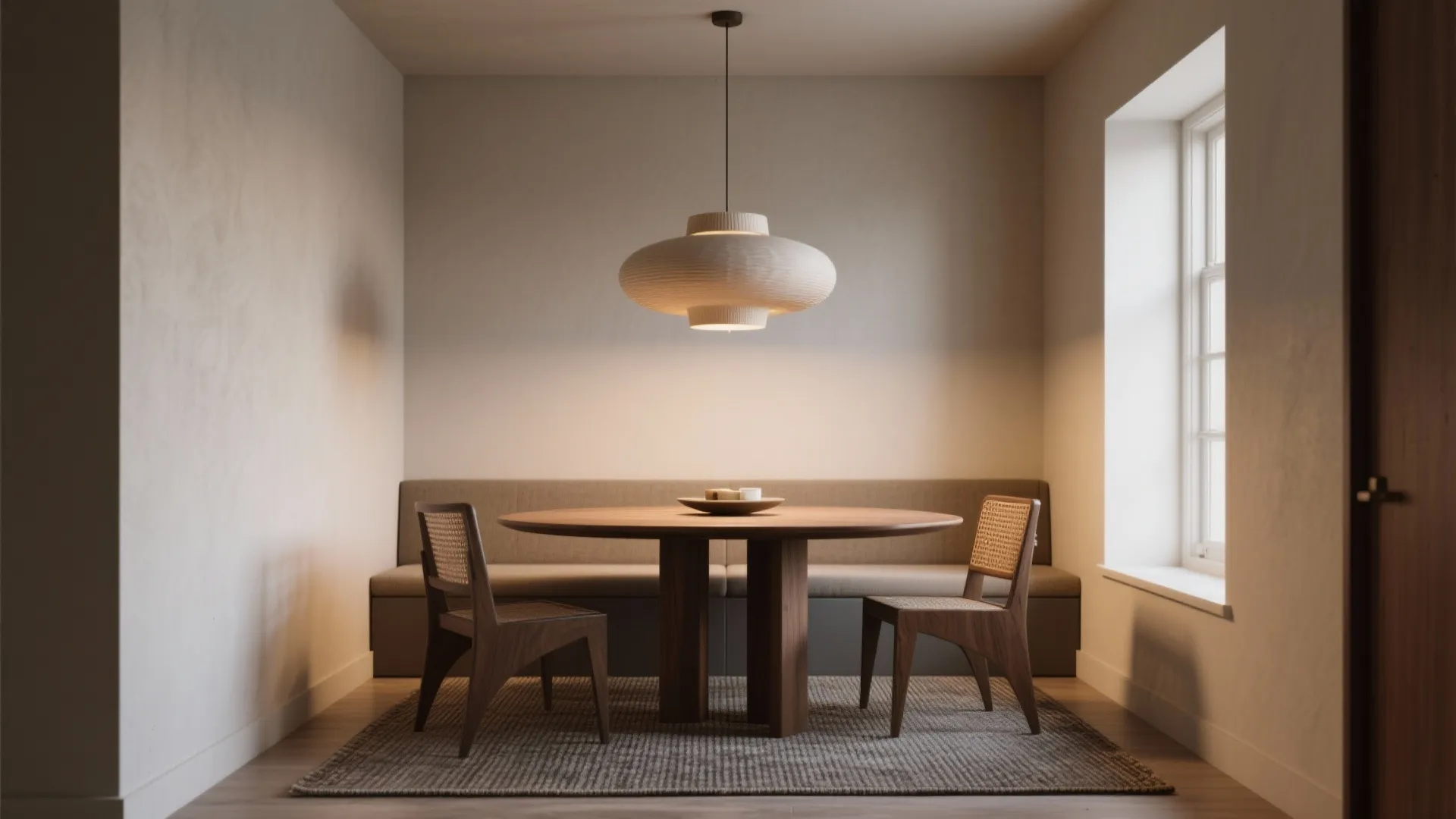 Minimalist dining area featuring wooden table bench seating white ceiling light and a large window