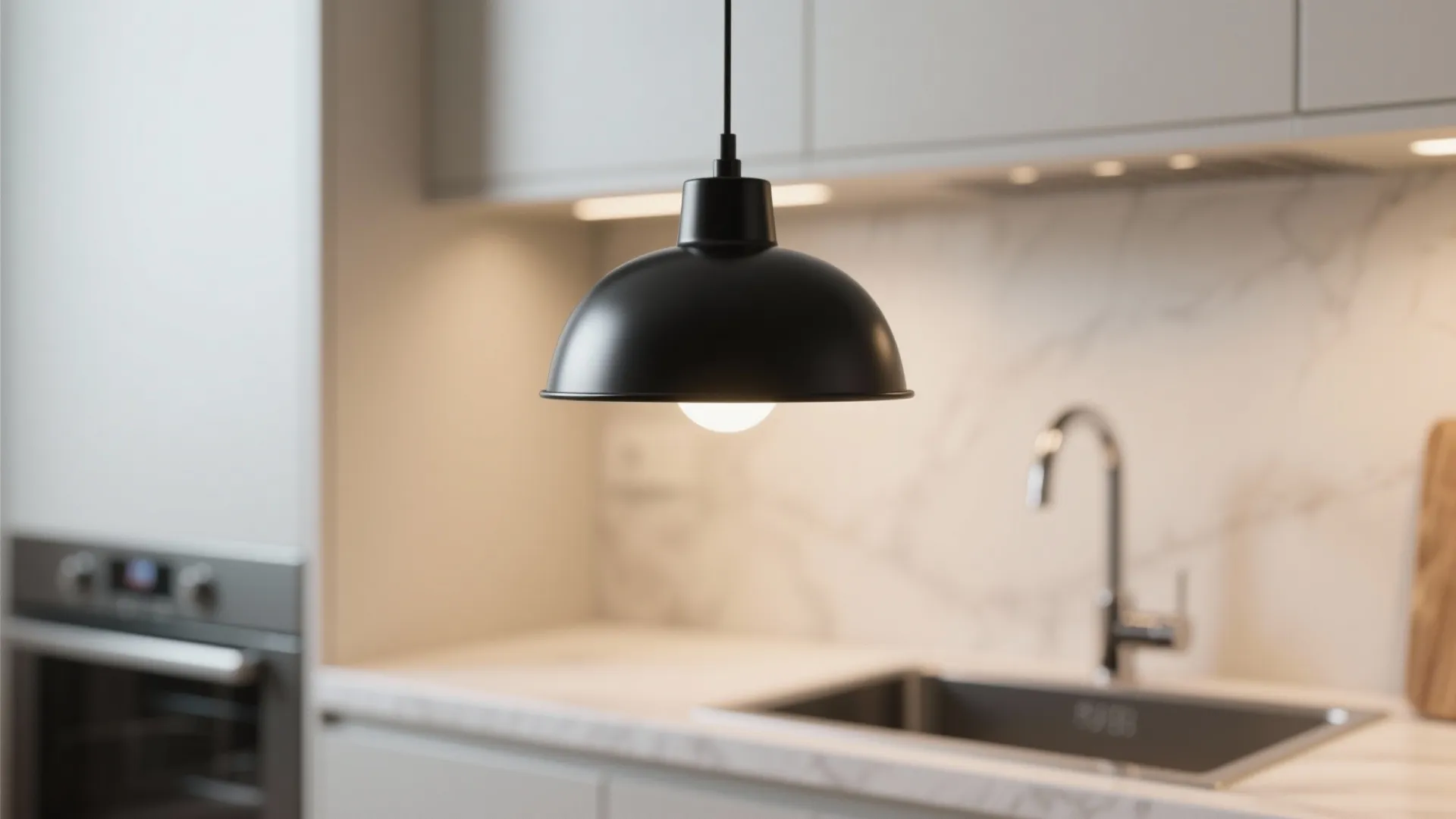 Black dome ceiling light hanging above a white kitchen counter sink with marble wall cabinets