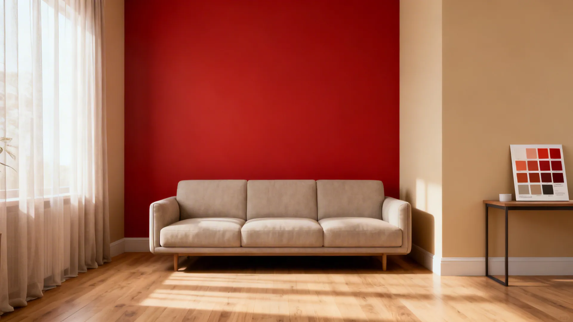 Living room with a single saturated red accent wall and neutral surrounding walls