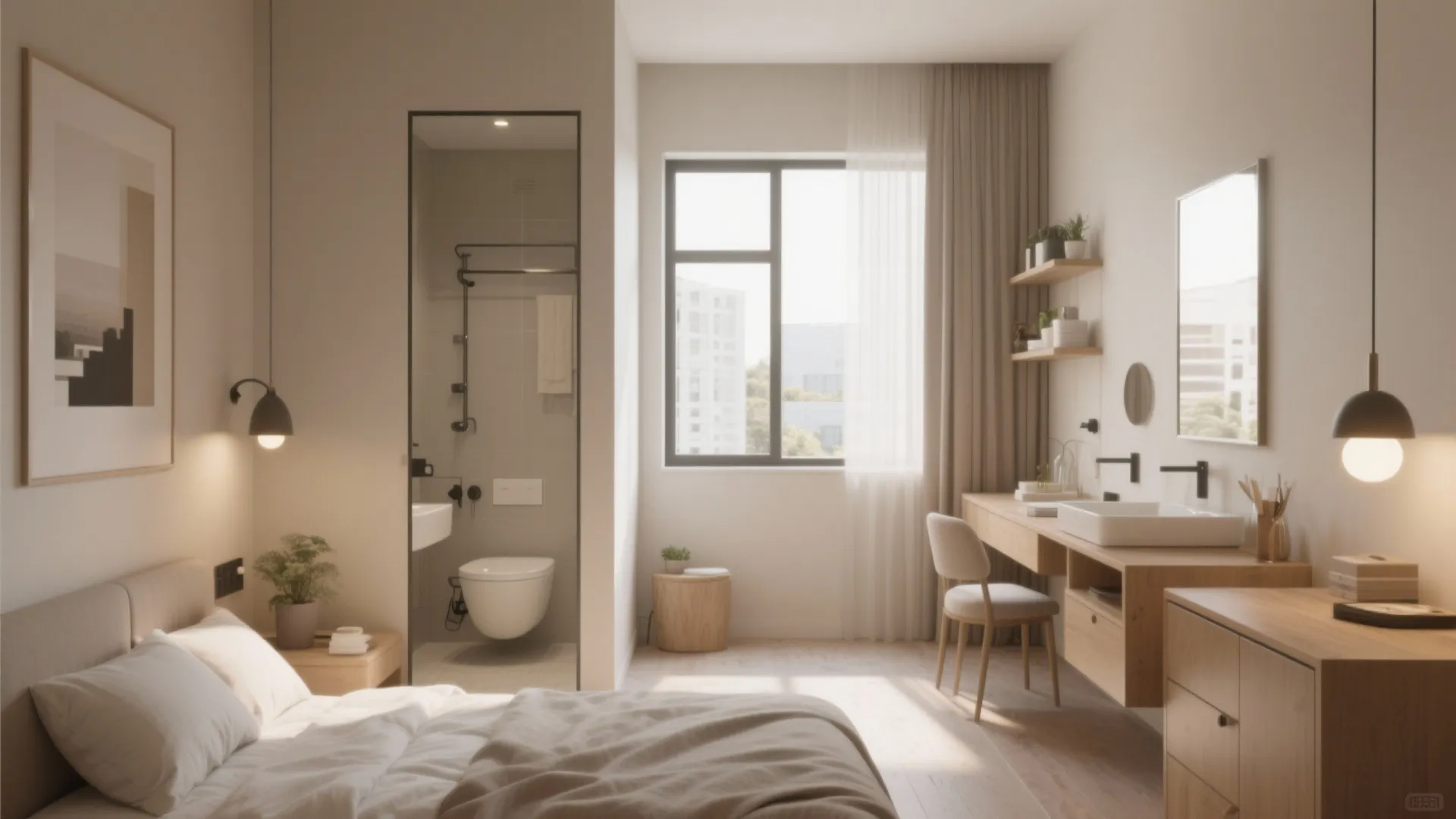 Bright bedroom design with light wood furniture and a small bathroom view through an open doorway