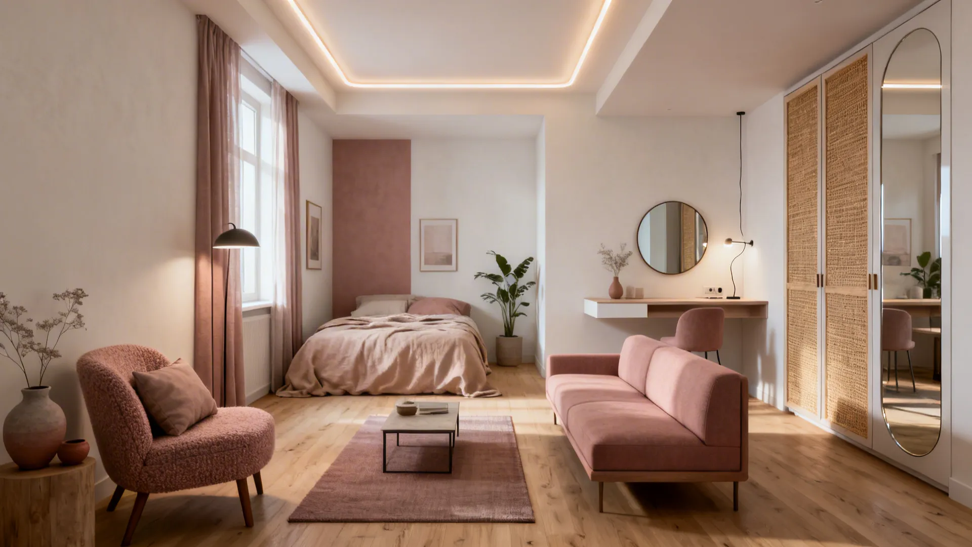 Modern pink studio apartment with a sofa, bed, wooden floor, desk mirror, and warm lighting