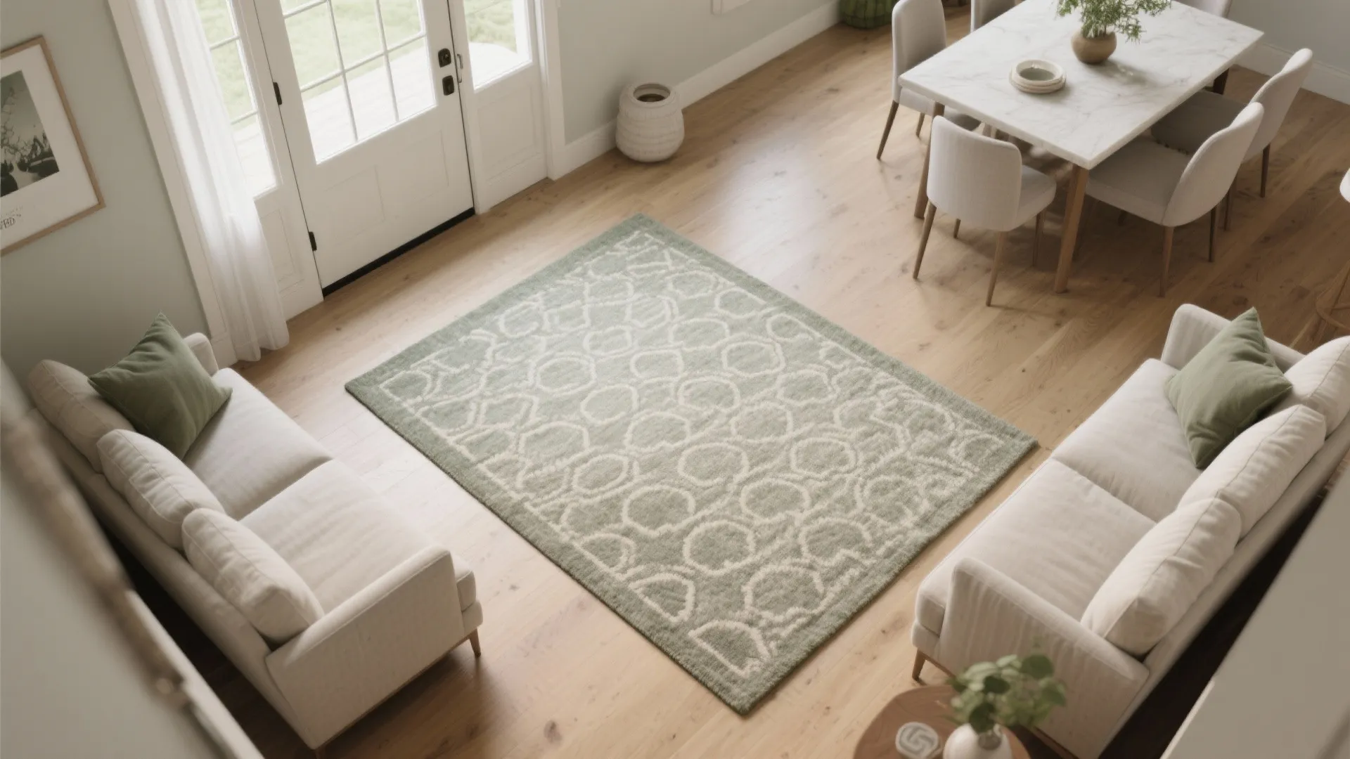 Modern living room featuring green patterned rug between two white sofas and wooden dining table