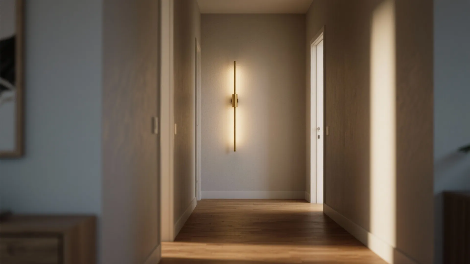 Modern hallway interior design with wooden floor and a slim gold wall light on white wall